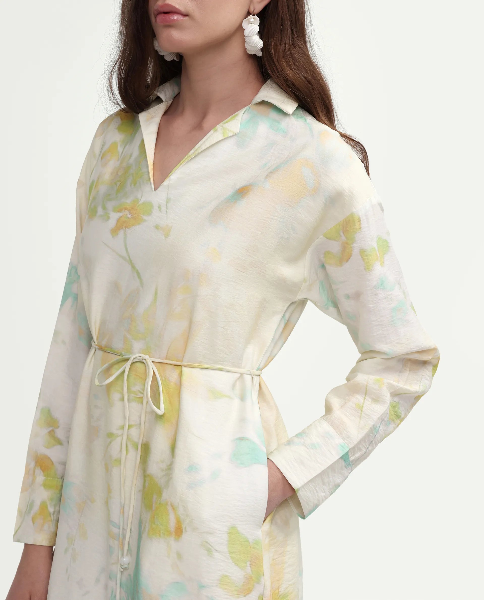 Rareism Women's Hrix Light Green Viscose Blend Lapel Neck A-Line All Over Print Dress