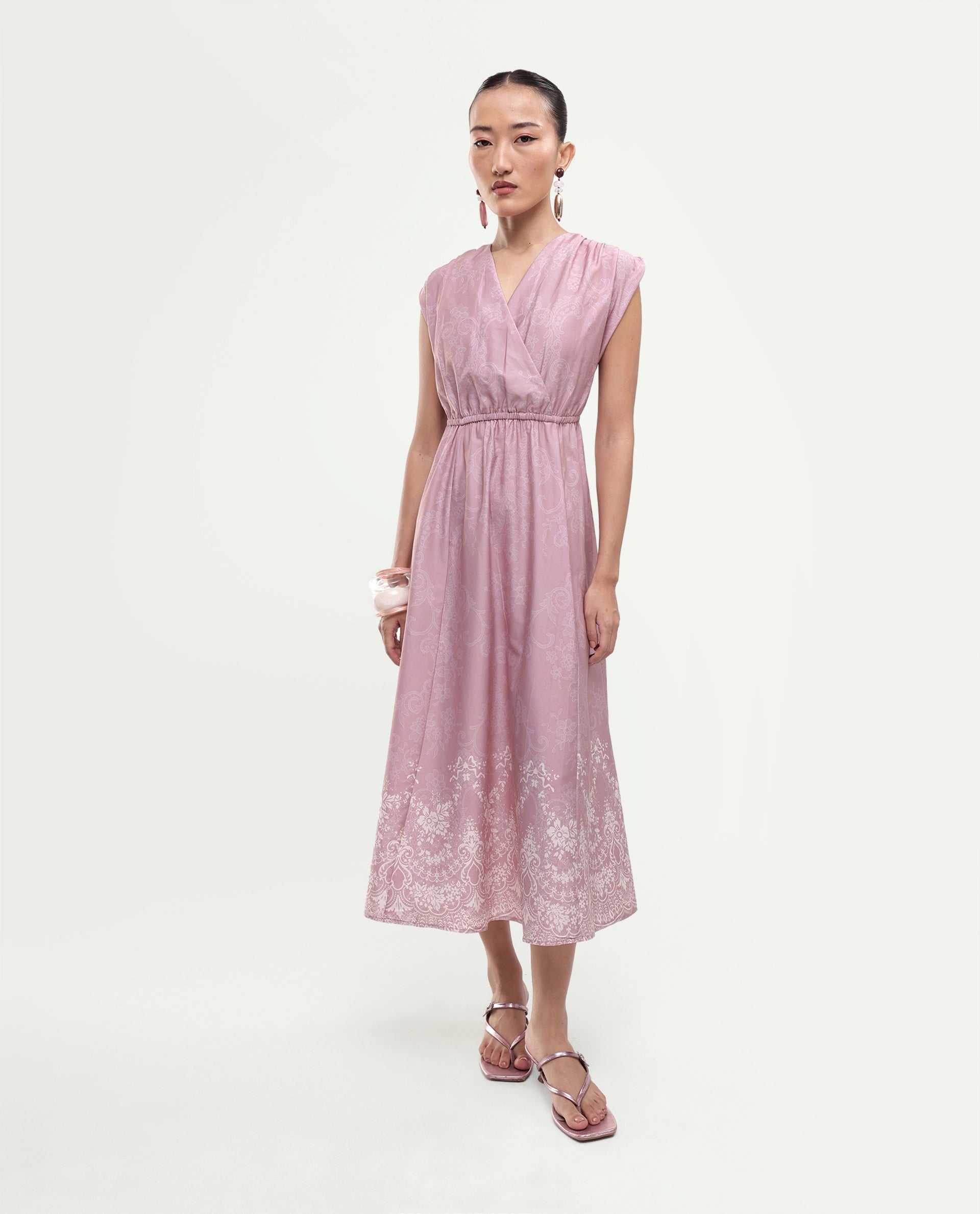 Rareism Women's Hync Pink Cotton Satin Half Sleeve V-Neck Elastic Fit And Flare Ornamental Print Dress
