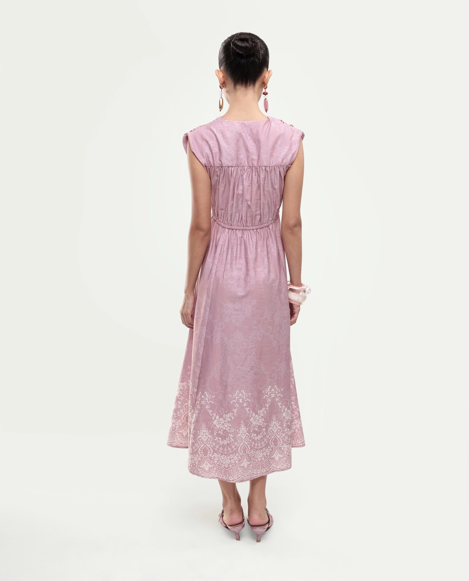 Rareism Women's Hync Pink Cotton Satin Half Sleeve V-Neck Elastic Fit And Flare Ornamental Print Dress