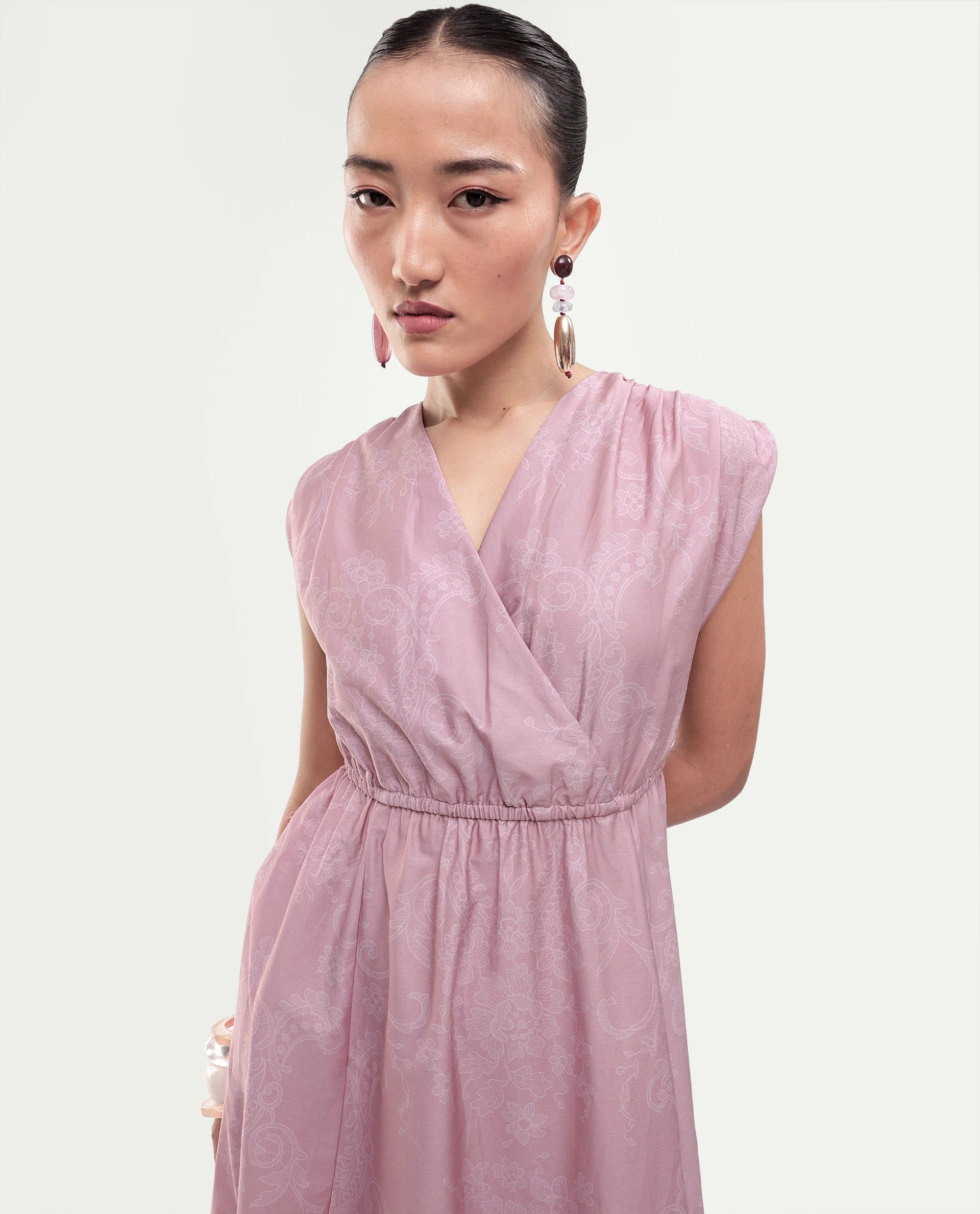 Rareism Women's Hync Pink Cotton Satin Half Sleeve V-Neck Elastic Fit And Flare Ornamental Print Dress