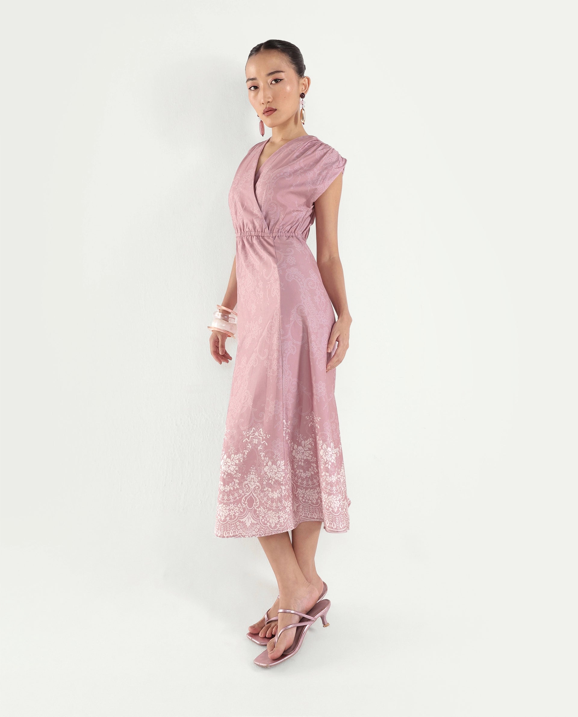 Rareism Women's Hync Pink Cotton Satin Half Sleeve V-Neck Elastic Fit And Flare Ornamental Print Dress
