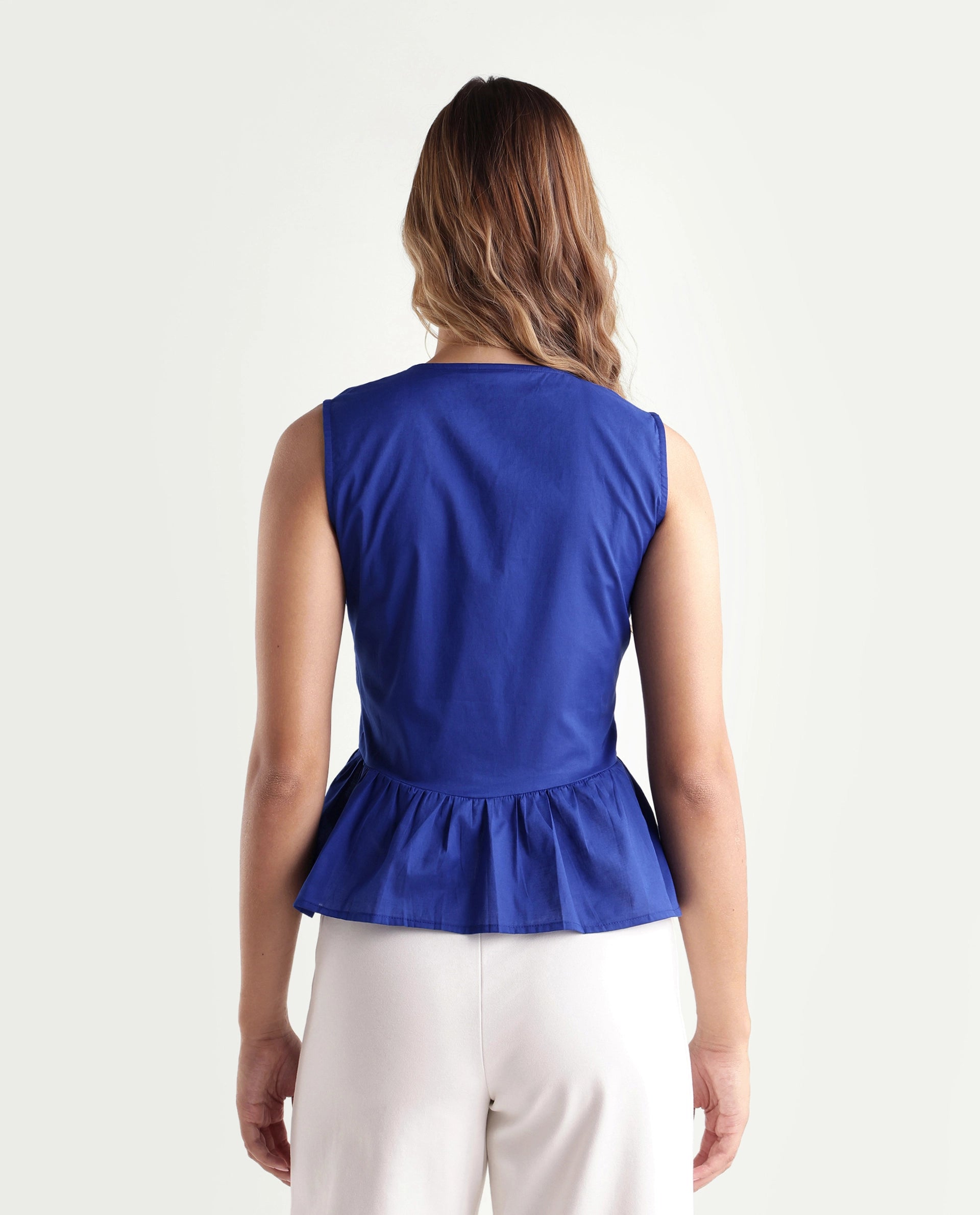 Rareism Women's Kael Blue Cotton Fabric V-Neck Regular Fit Embroidered Top
