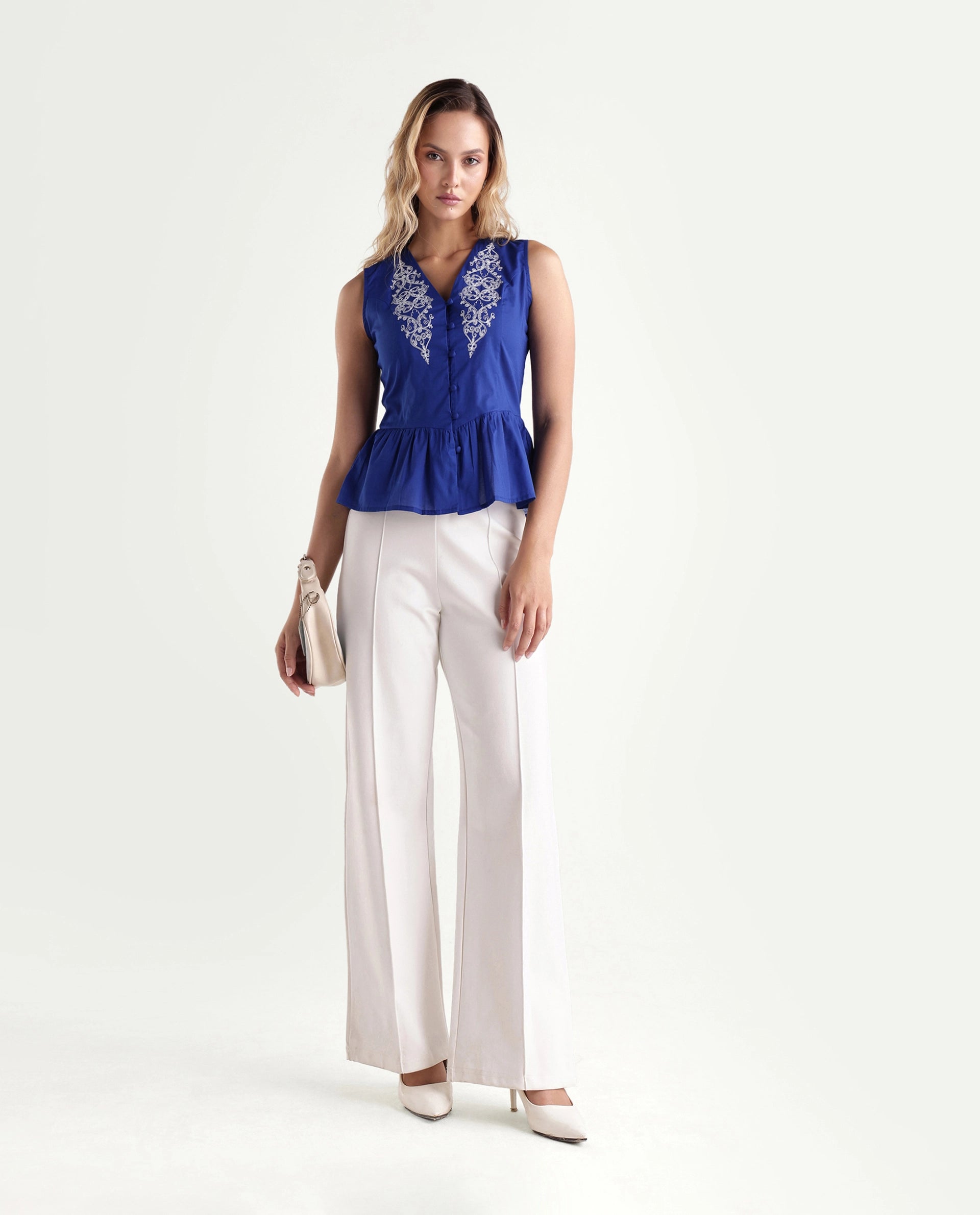 Rareism Women's Kael Blue Cotton Fabric V-Neck Regular Fit Embroidered Top