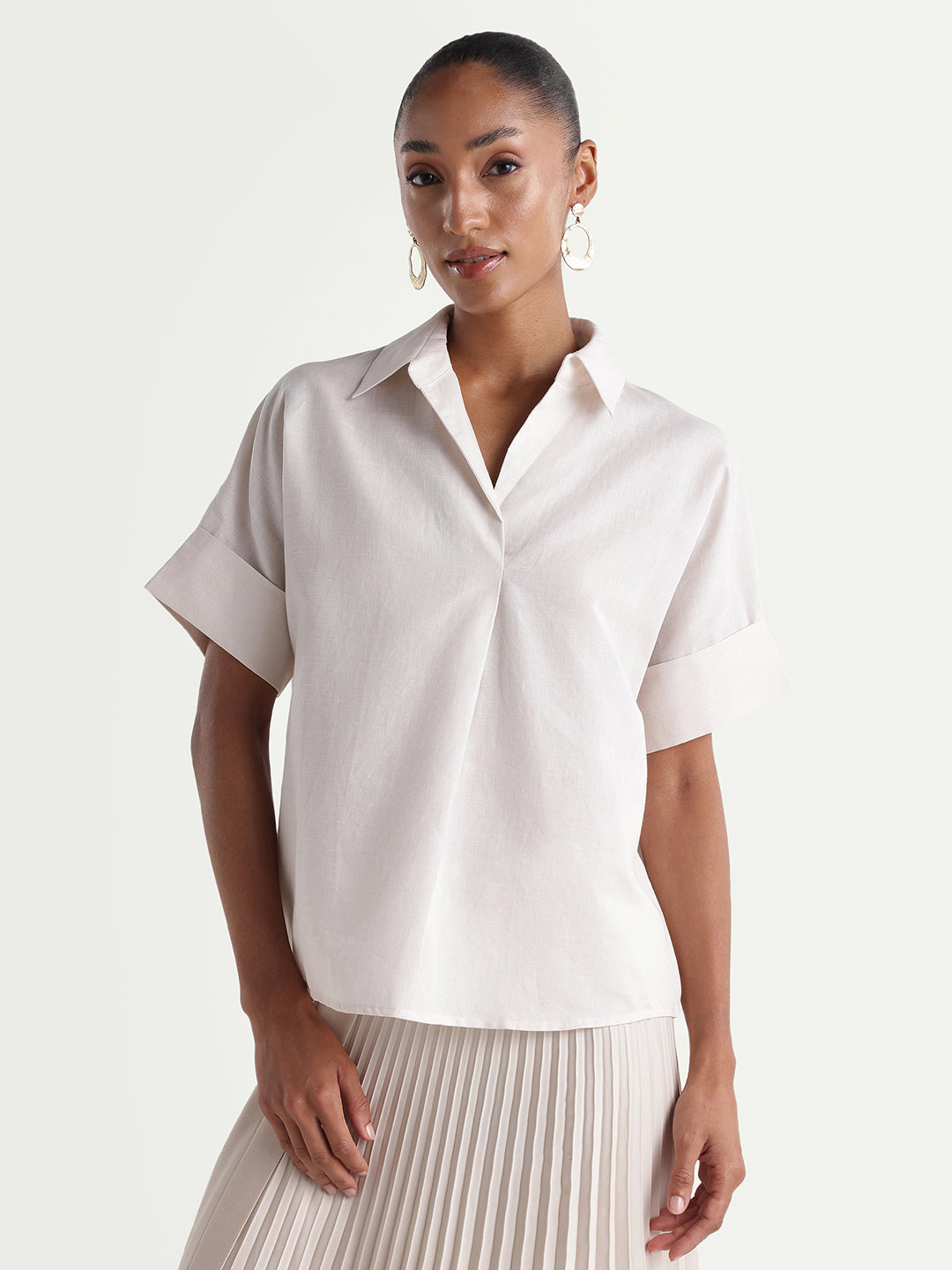 Rareism Women's Kasa Beige Linen Blend Johnny Collar Regular Plain Top