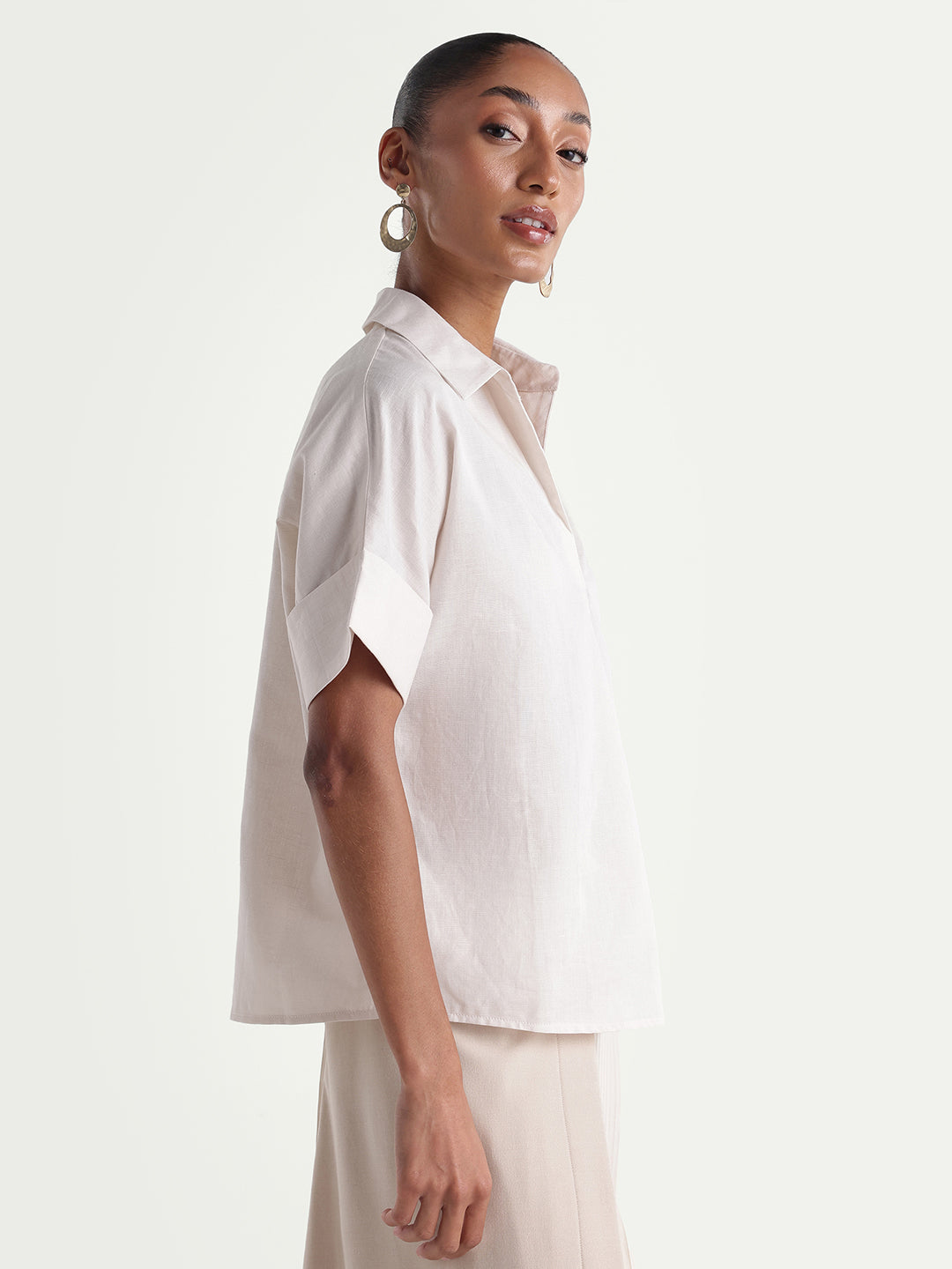 Rareism Women's Kasa Beige Linen Blend Johnny Collar Regular Plain Top