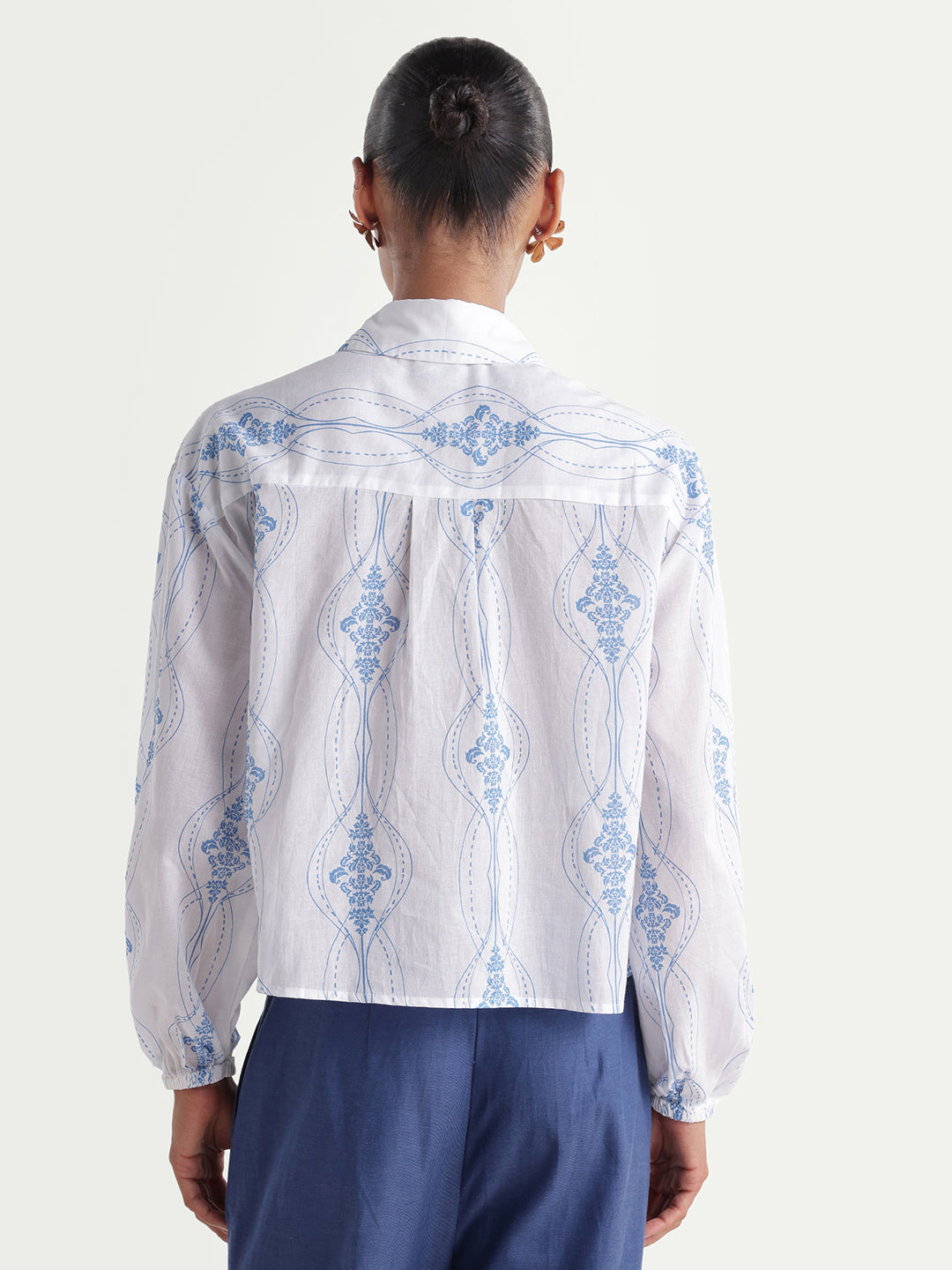 Rareism Women's Kaveny Off White Viscose Spread Collar Regular Ornamental Print Top
