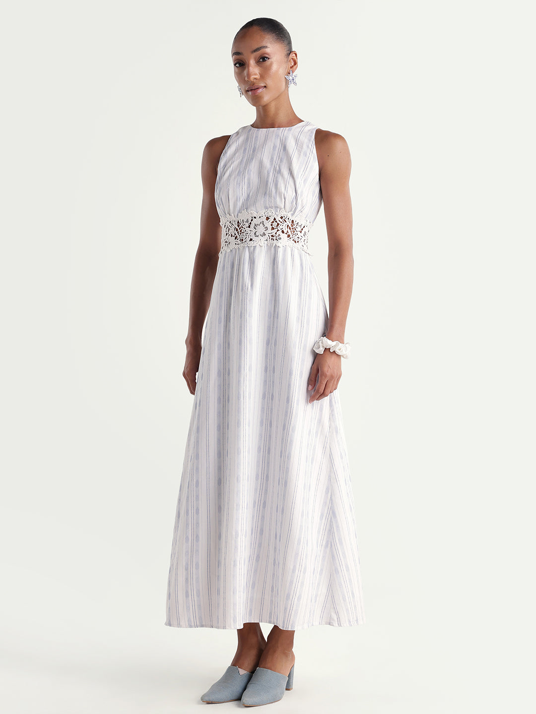 Rareism Women's Kavi Light Blue Cotton Crew Neck Fit And Flare Striped Dress