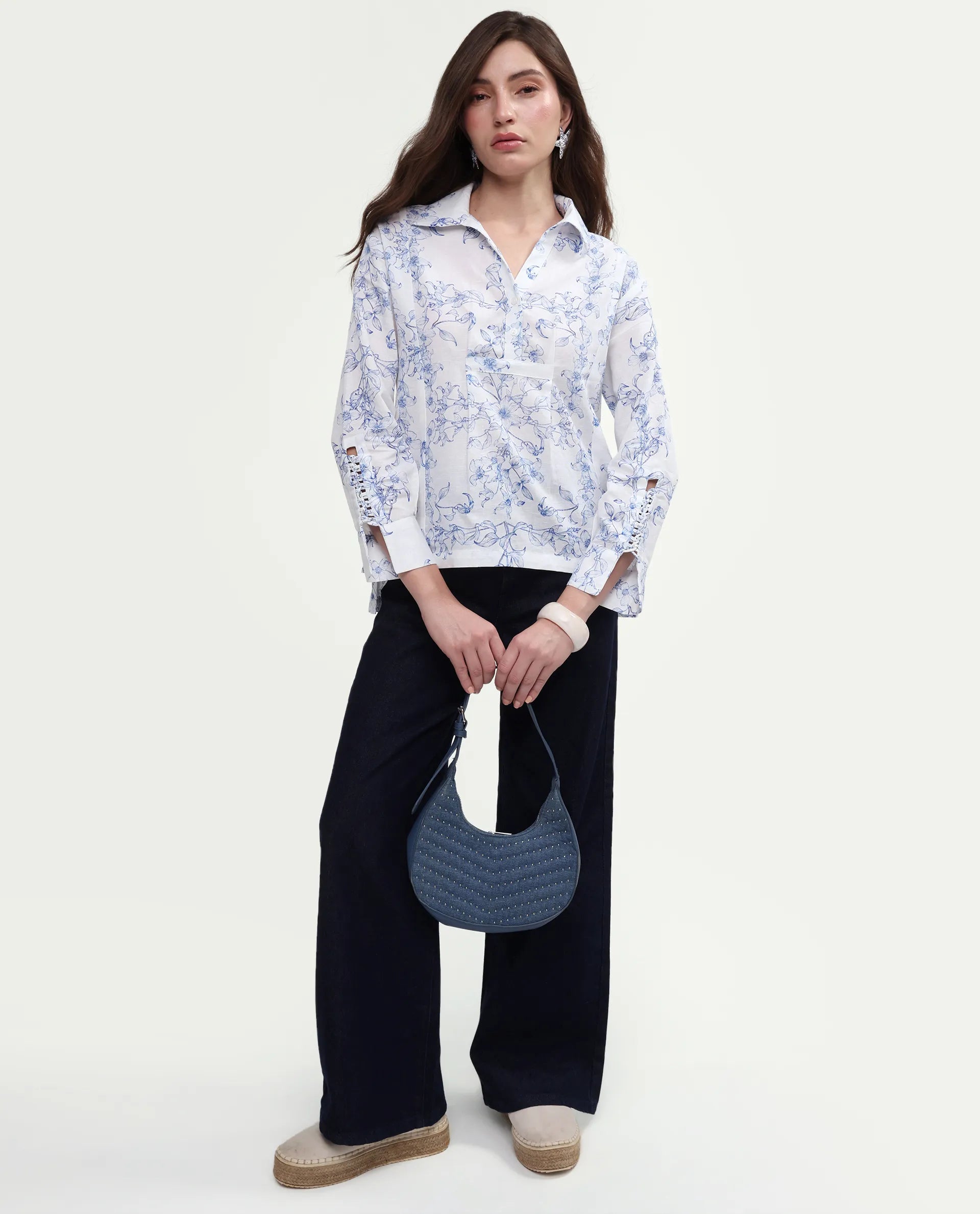 Rareism Women's Kazz Off White Linen Spread Collar Regular Fit Floral Print Top