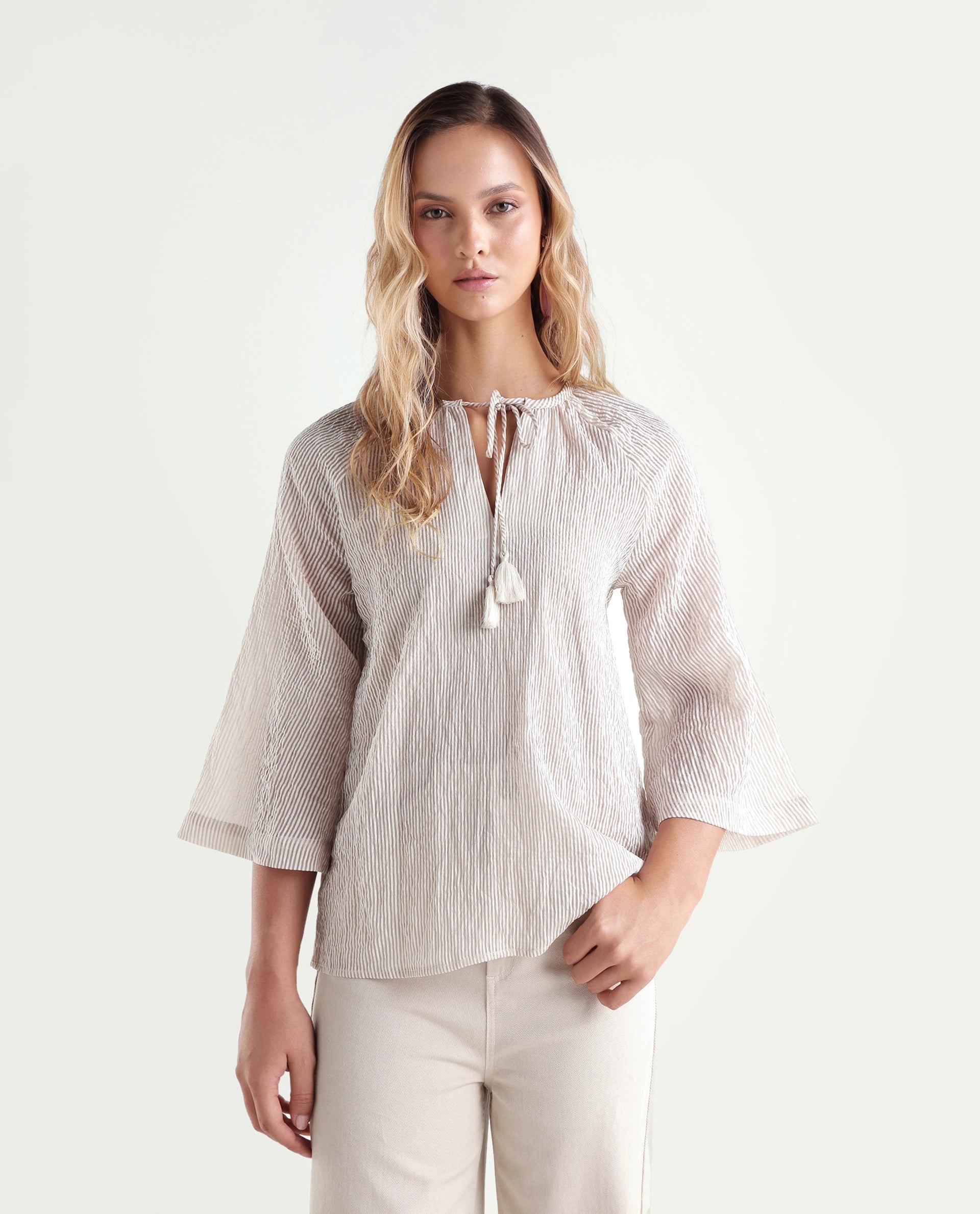 Rareism Women's Kelo Beige Striped Viscose Blend Regular Three Quarter Sleeve Top