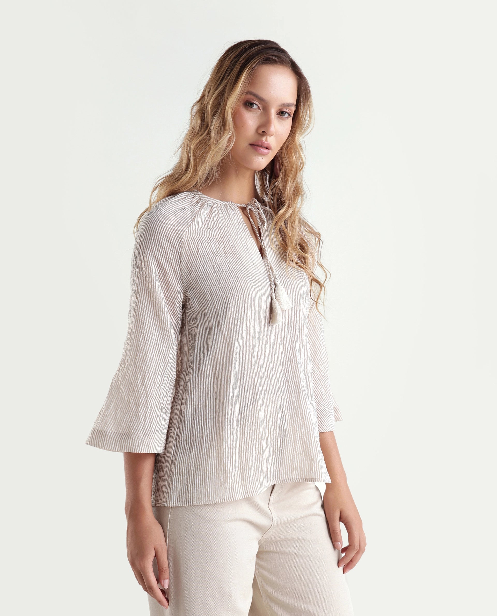 Rareism Women's Kelo Beige Striped Viscose Blend Regular Three Quarter Sleeve Top