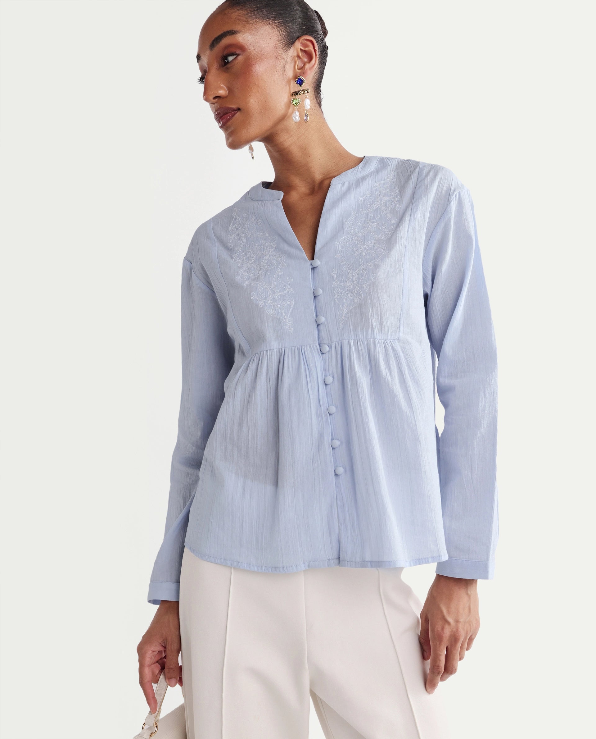 Rareism Women's Kenz Light Blue Cotton V-Neck Regular Abstract Print Top