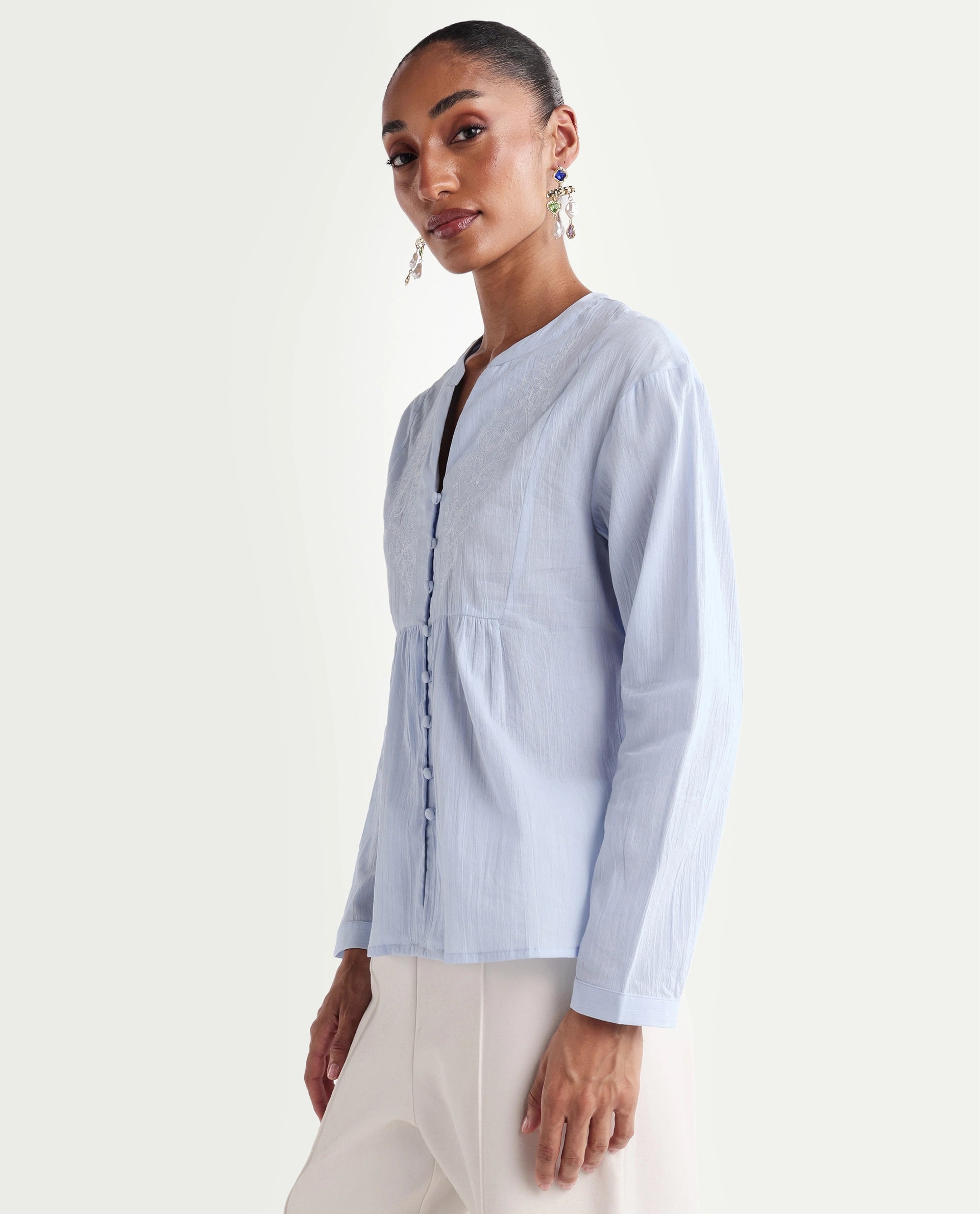 Rareism Women's Kenz Light Blue Cotton V-Neck Regular Abstract Print Top