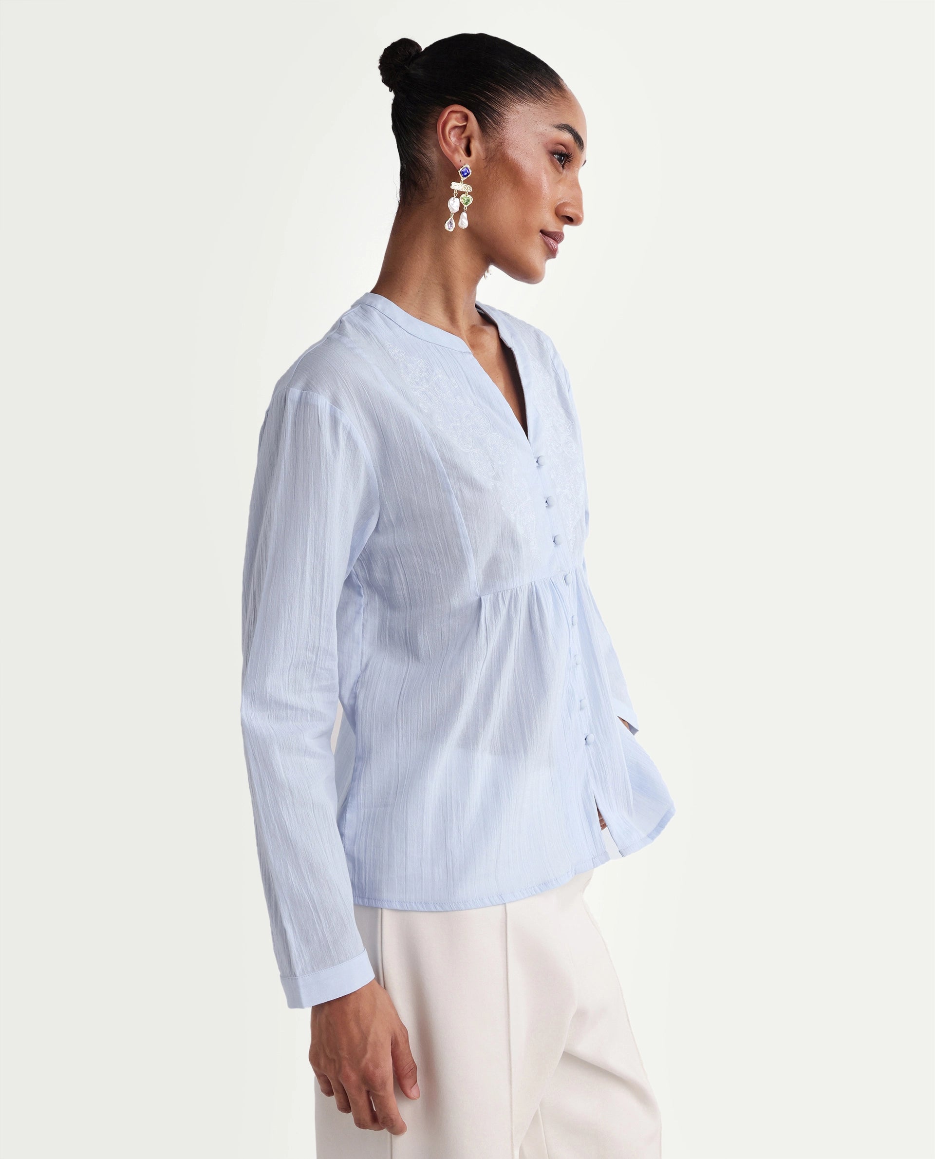 Rareism Women's Kenz Light Blue Cotton V-Neck Regular Abstract Print Top