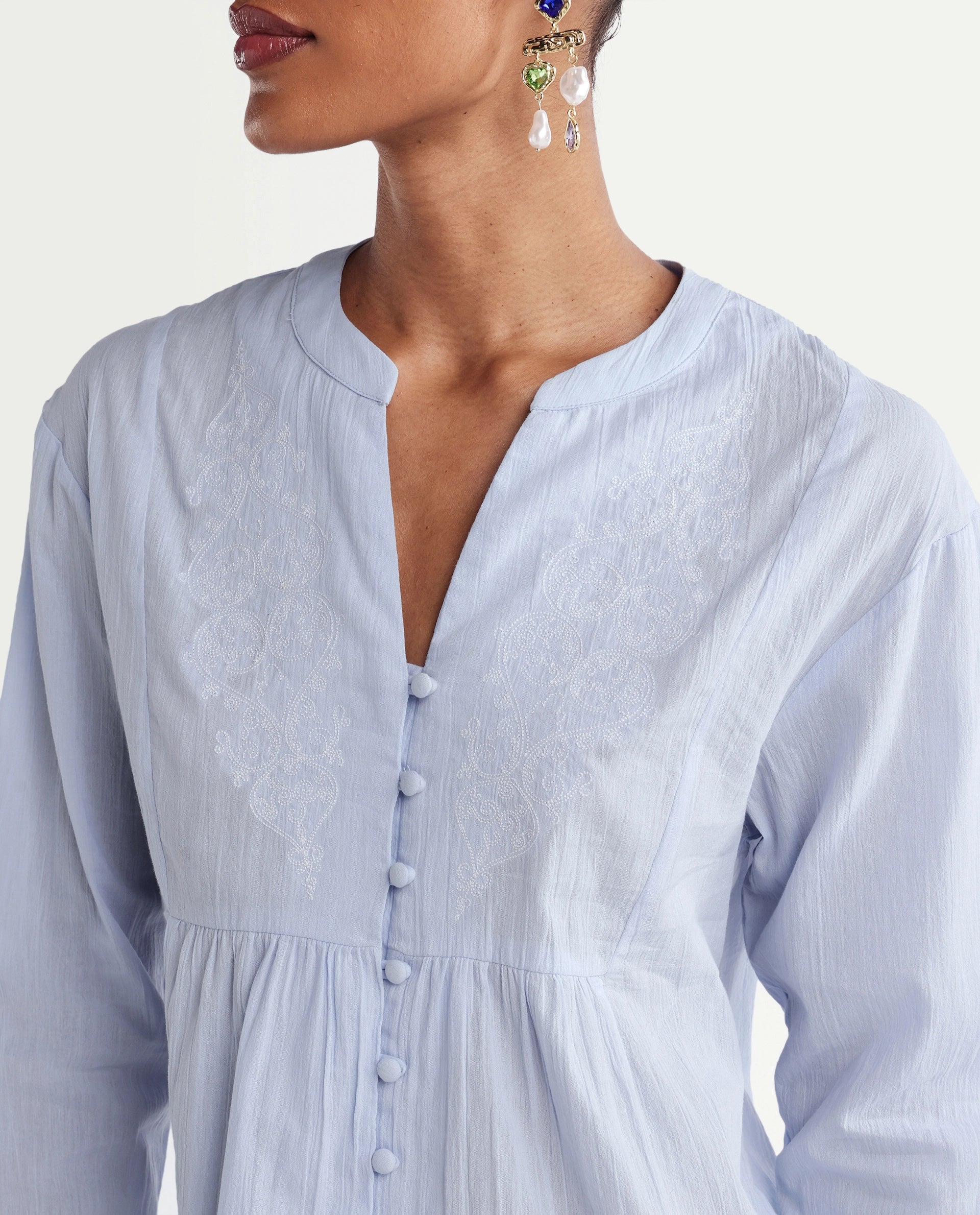 Rareism Women's Kenz Light Blue Cotton V-Neck Regular Abstract Print Top