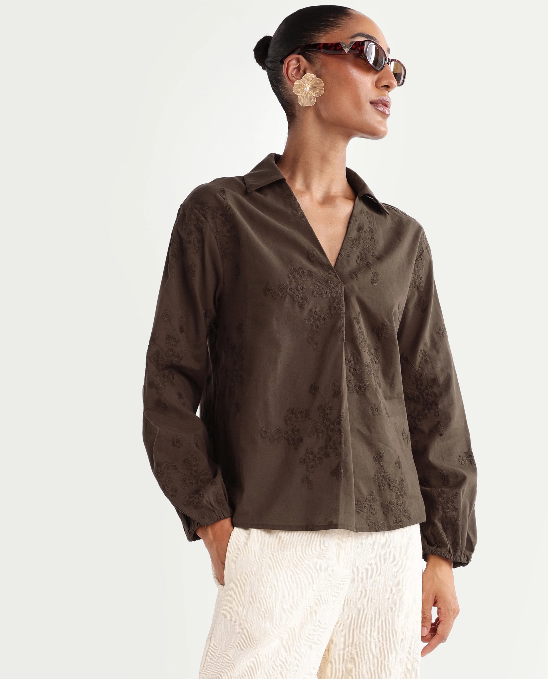 Rareism Women's Norru Brown Cotton Johnny Collar Regular Embroidered Top