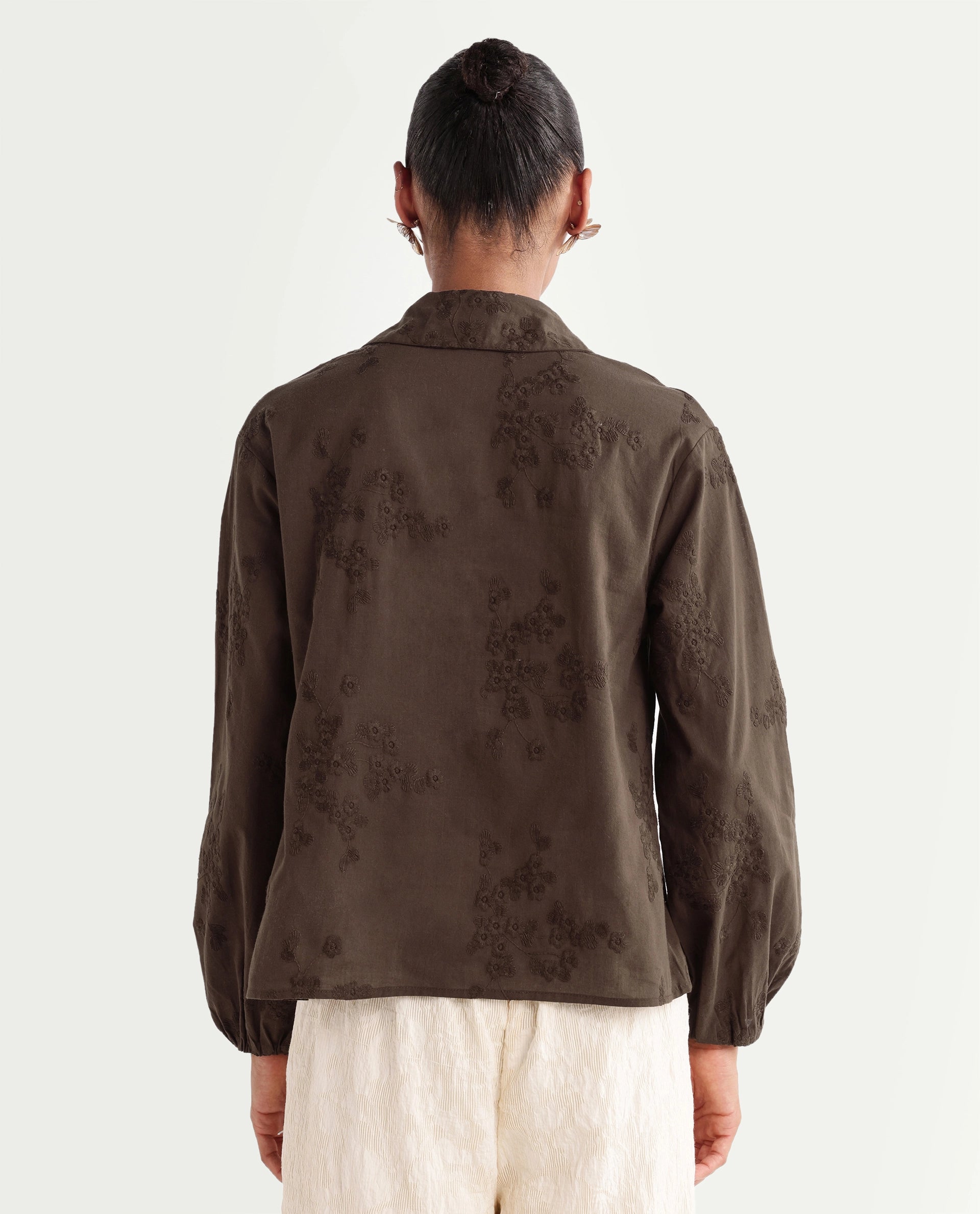 Rareism Women's Norru Brown Cotton Johnny Collar Regular Embroidered Top