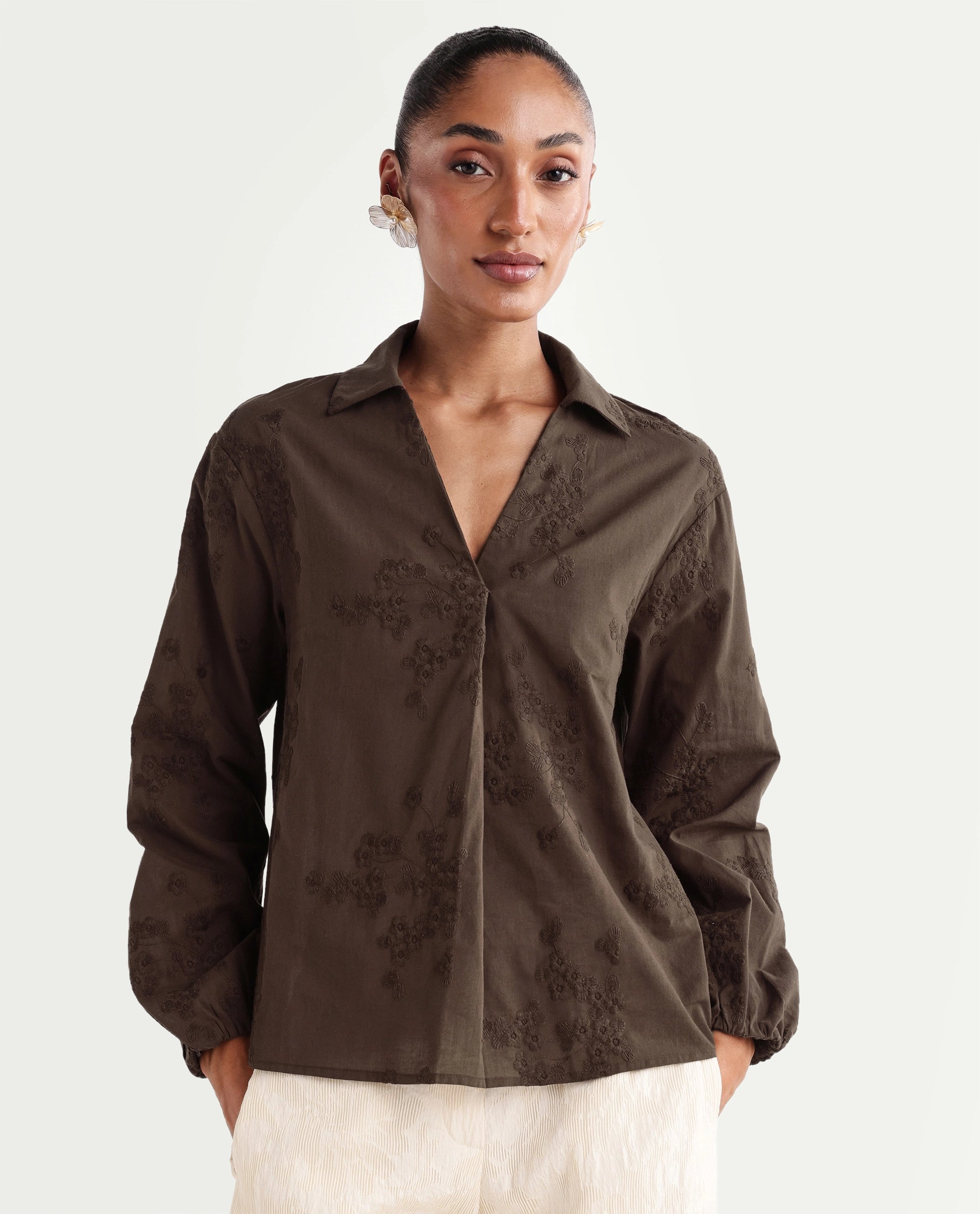 Rareism Women's Norru Brown Cotton Johnny Collar Regular Embroidered Top