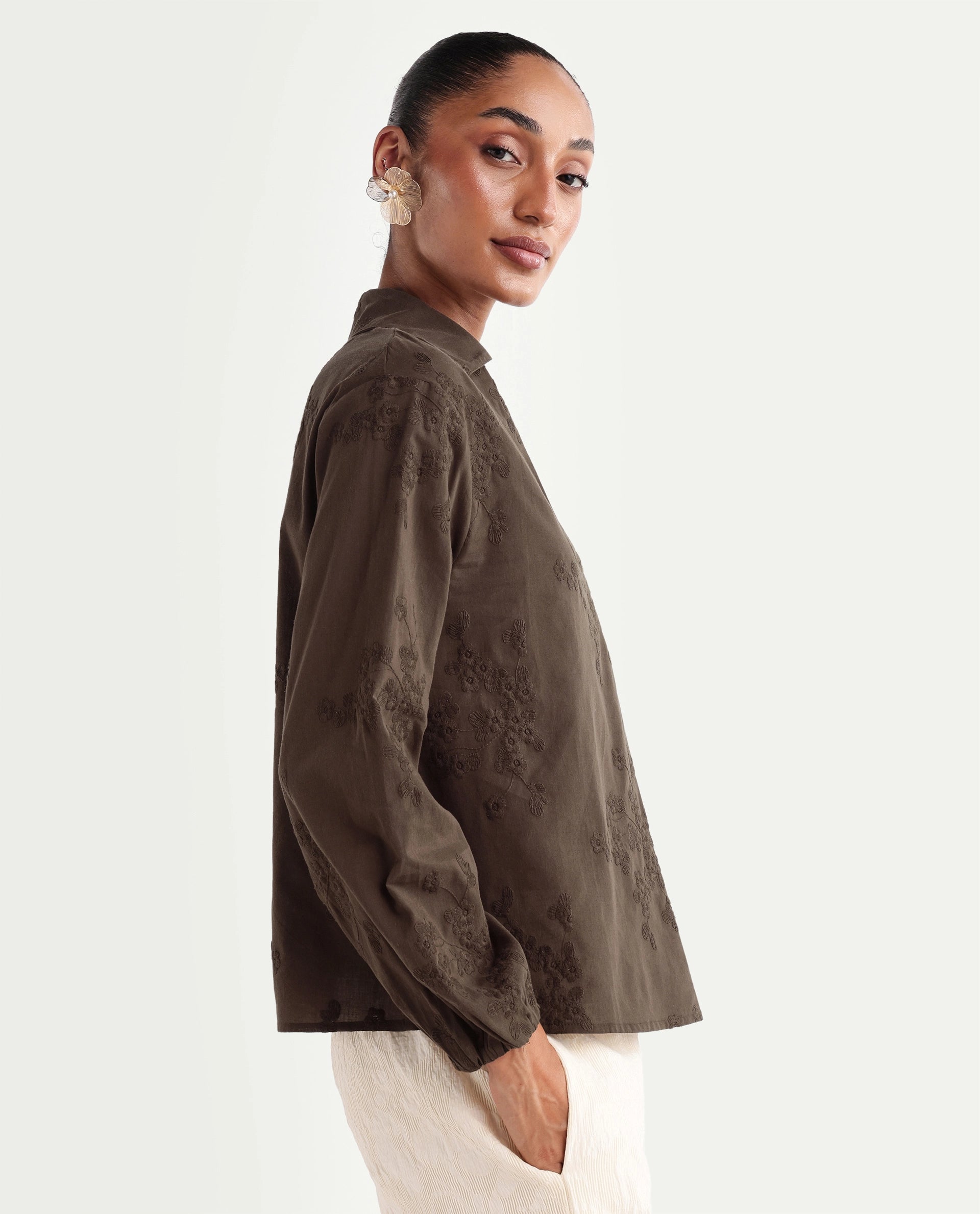 Rareism Women's Norru Brown Cotton Johnny Collar Regular Embroidered Top