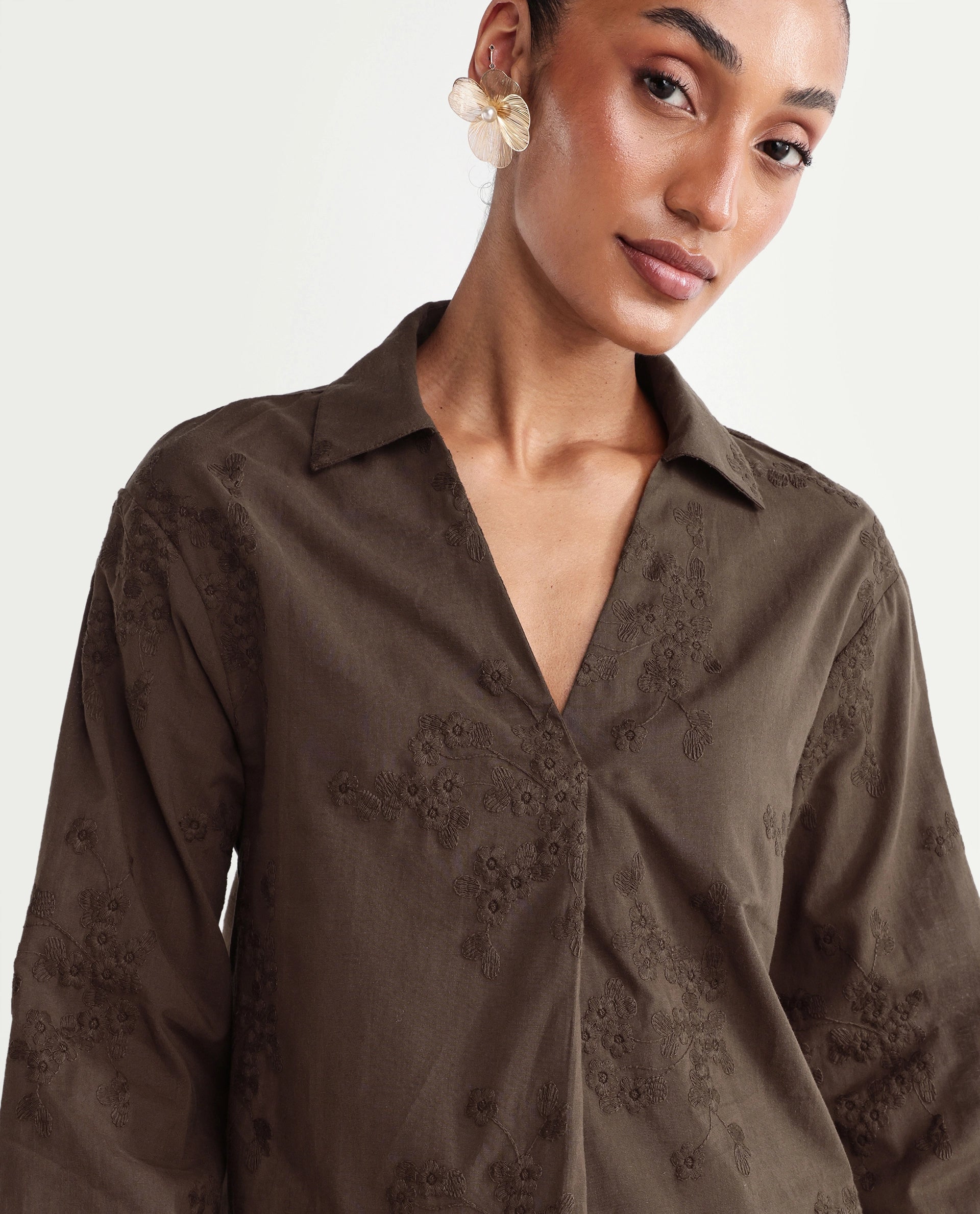 Rareism Women's Norru Brown Cotton Johnny Collar Regular Embroidered Top