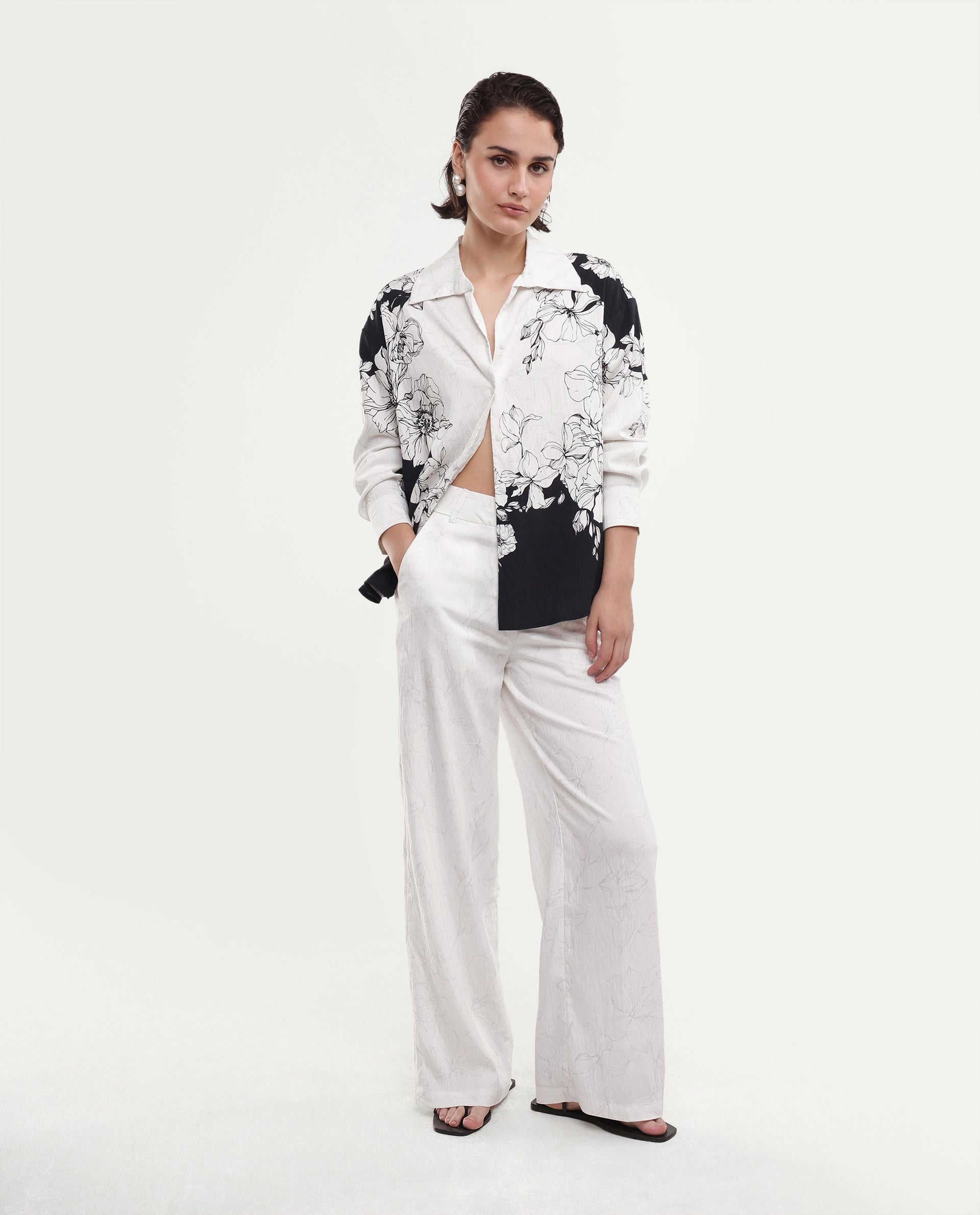 Rareism Women's Camiya-B White Viscose Blend Wide Printed Trouser