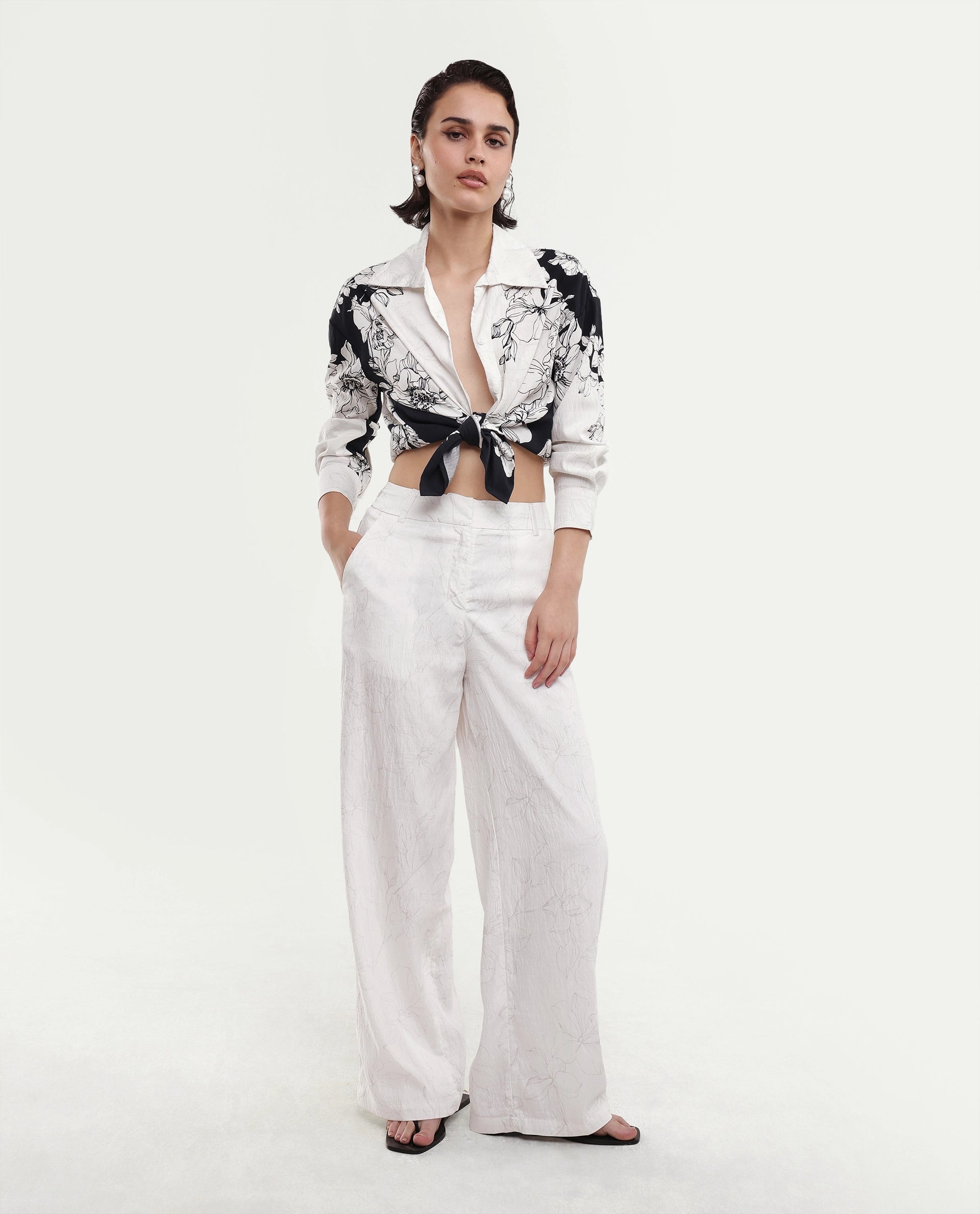Rareism Women's Camiya-B White Viscose Blend Wide Printed Trouser