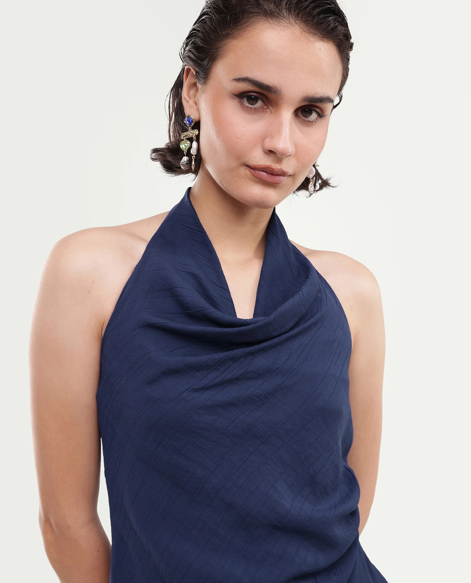 Rareism Women's Kimo-T Navy Nylon Blend Fabric Halter Neck Regular Plain Top