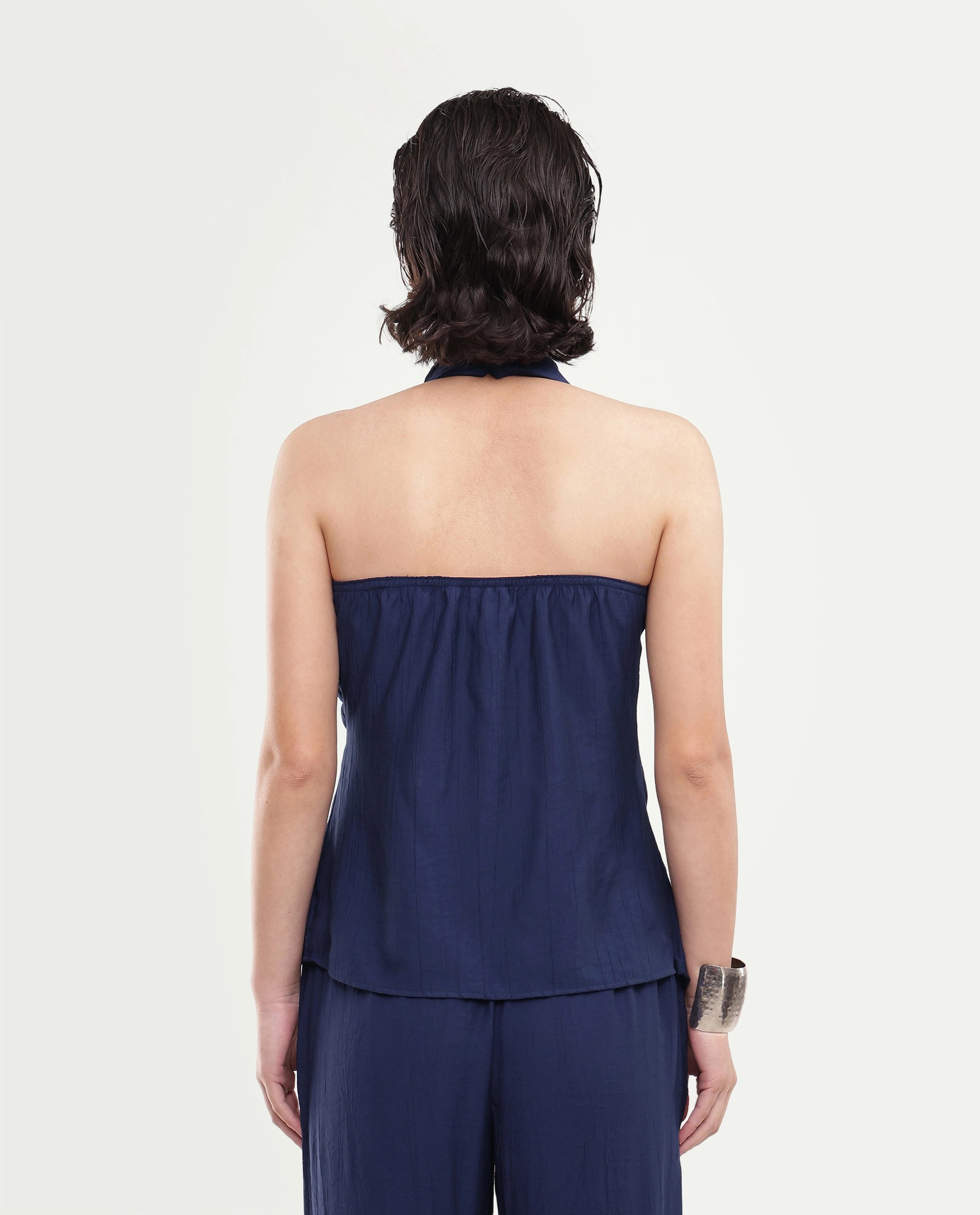 Rareism Women's Kimo-T Navy Nylon Blend Fabric Halter Neck Regular Plain Top
