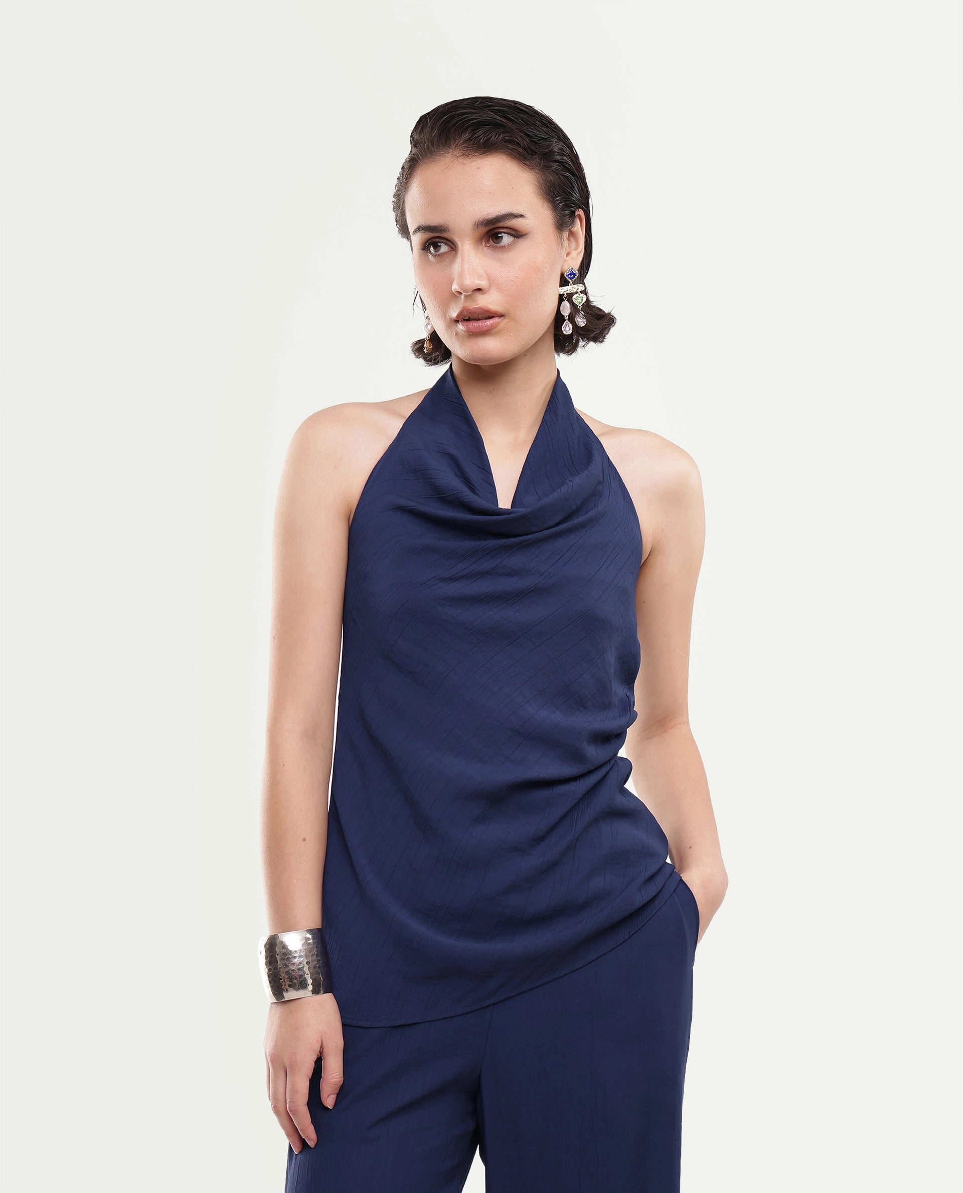 Rareism Women's Kimo-T Navy Nylon Blend Fabric Halter Neck Regular Plain Top