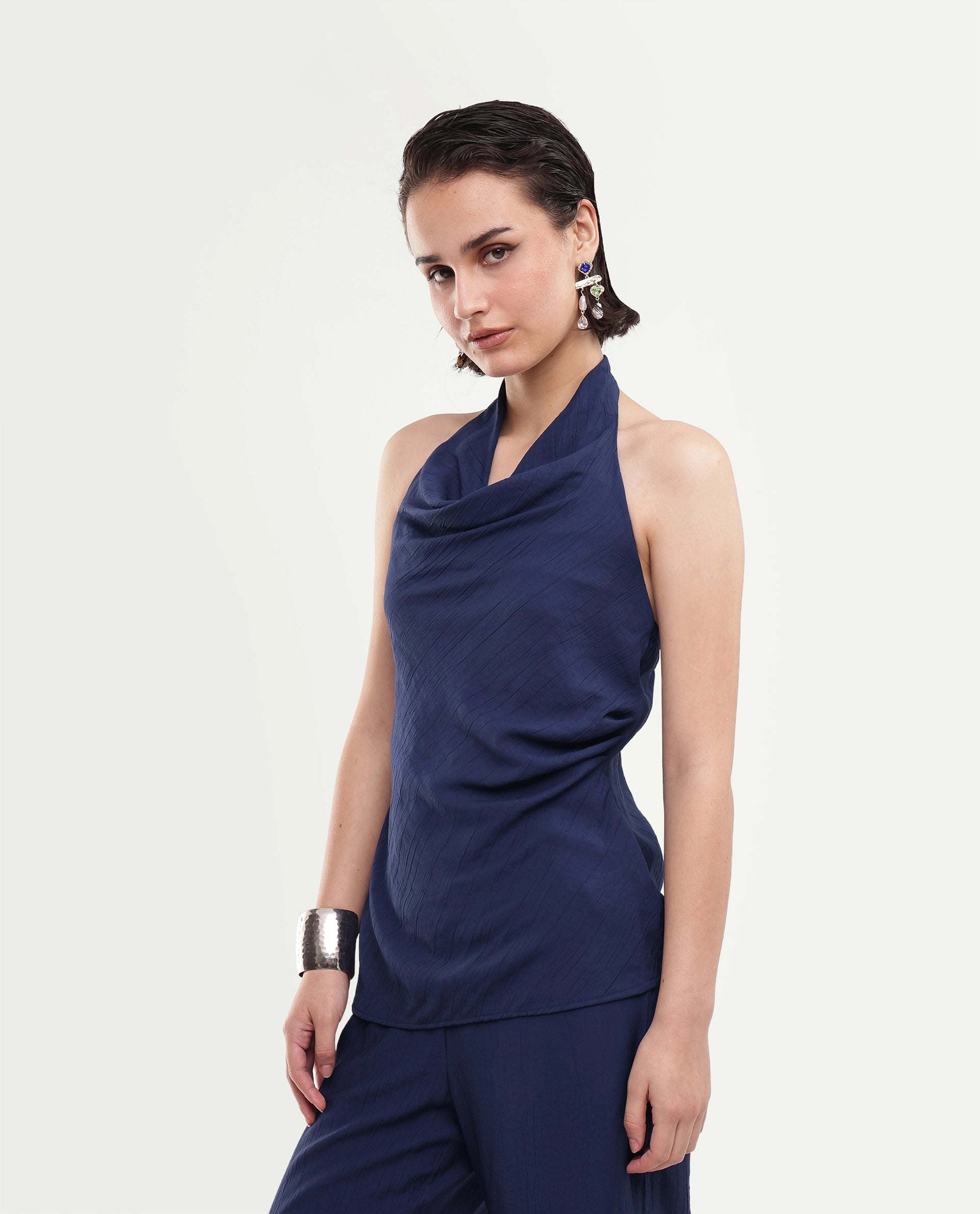 Rareism Women's Kimo-T Navy Nylon Blend Fabric Halter Neck Regular Plain Top