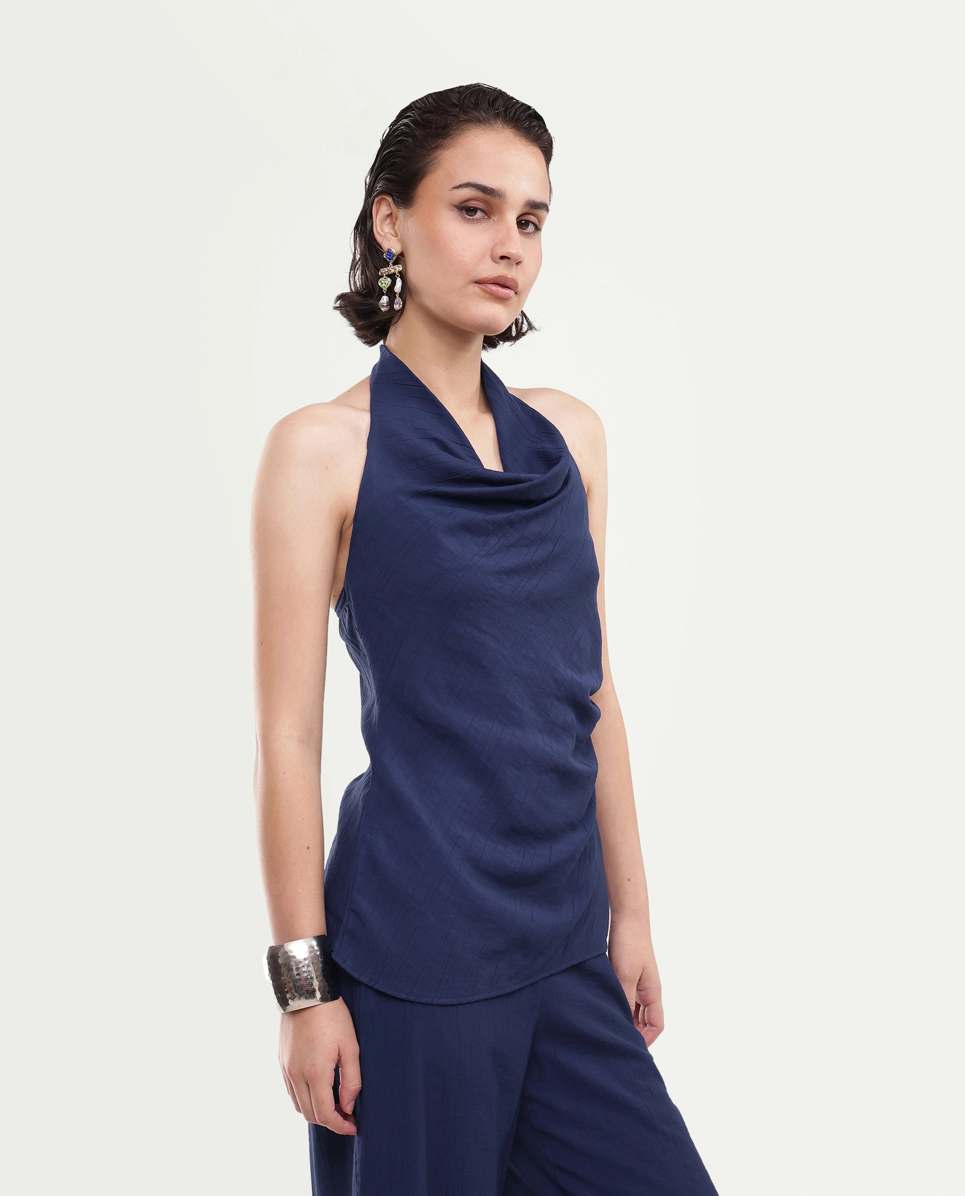 Rareism Women's Kimo-T Navy Nylon Blend Fabric Halter Neck Regular Plain Top