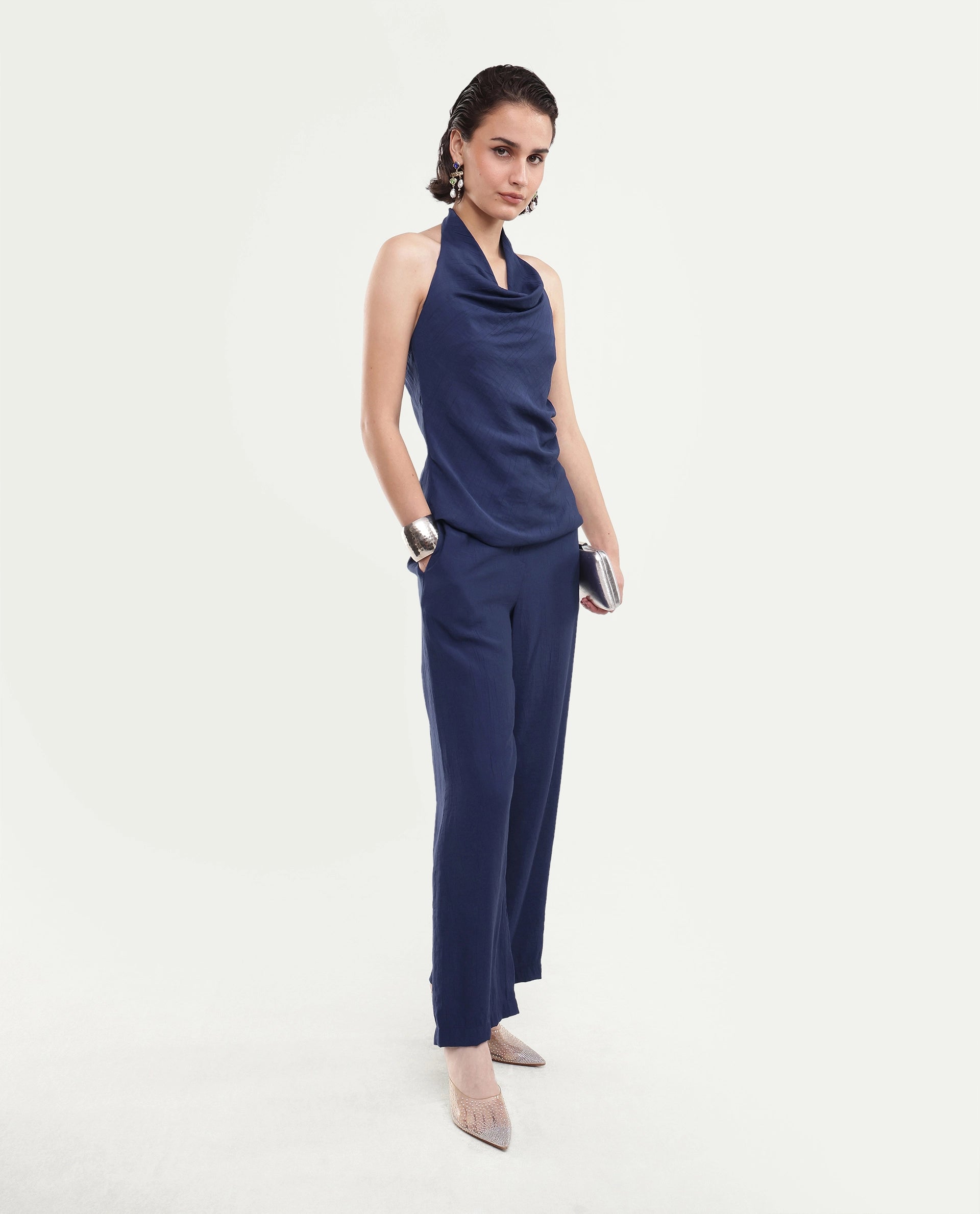 Rareism Women's Kimo-T Navy Nylon Blend Fabric Halter Neck Regular Plain Top