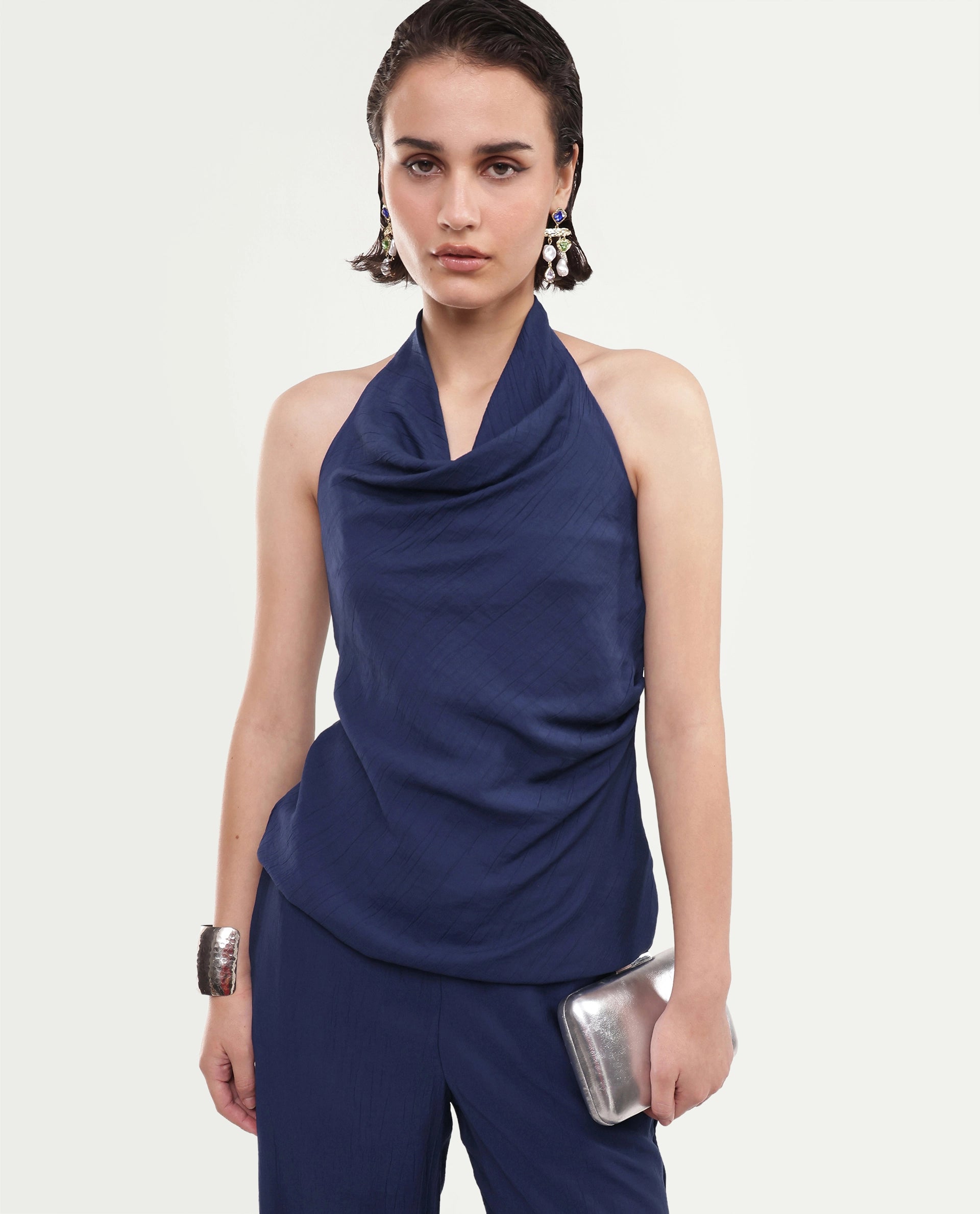 Rareism Women's Kimo-T Navy Nylon Blend Fabric Halter Neck Regular Plain Top