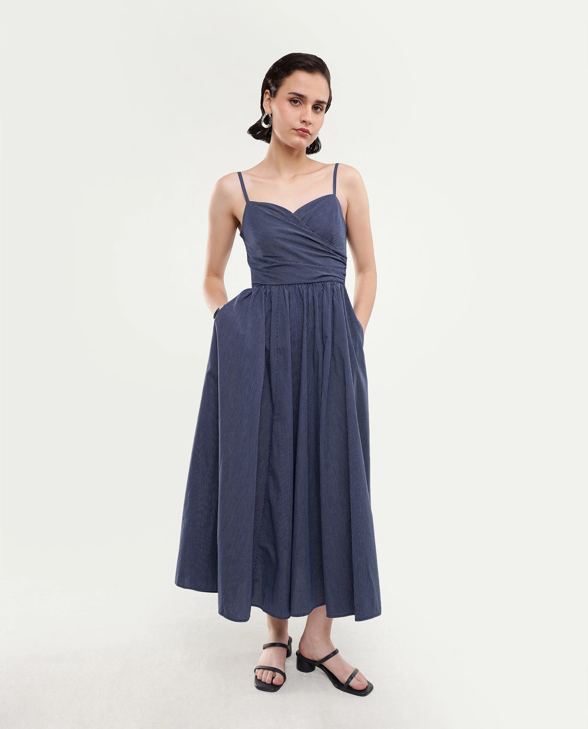 Rareism Women's Kivann Dark Blue Cotton Sweetheart Neck Fit And Flare Striped Dress