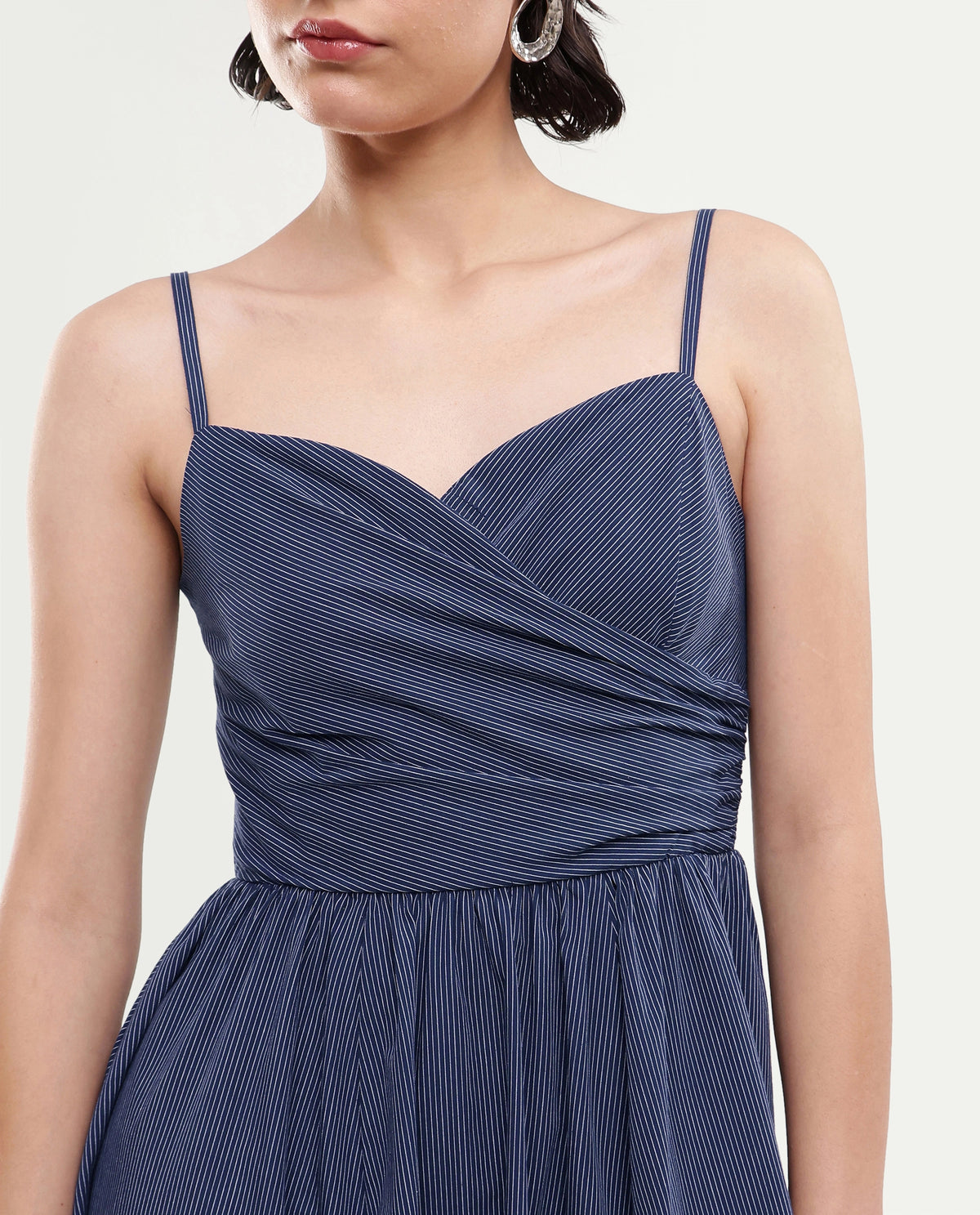 Rareism Women's Kivann Dark Blue Cotton Sweetheart Neck Fit And Flare Striped Dress