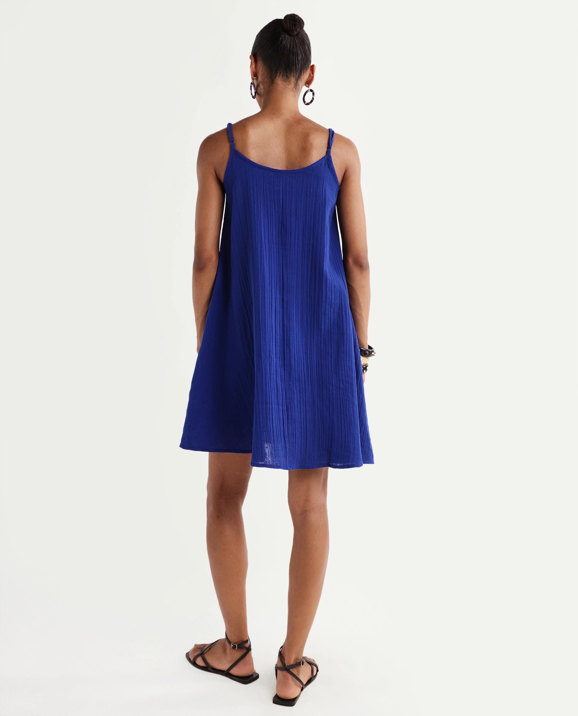 Rareism Women's Klare Navy Cotton U-Neck A-Line Plain Dress
