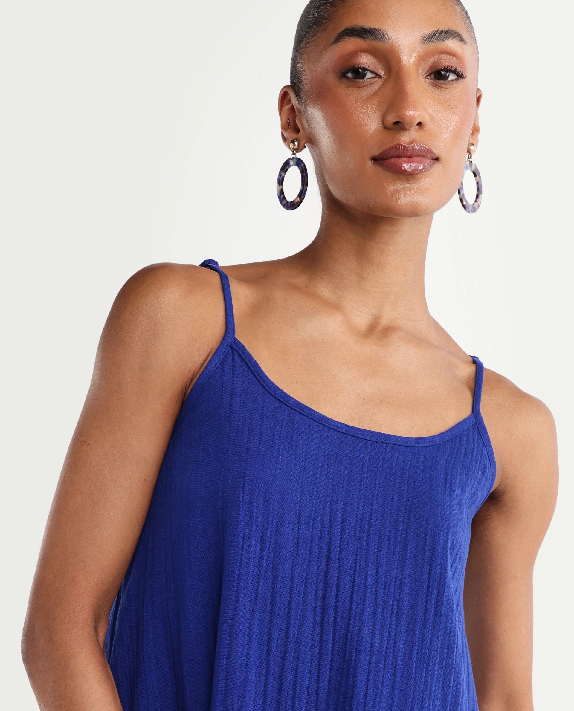 Rareism Women's Klare Navy Cotton U-Neck A-Line Plain Dress