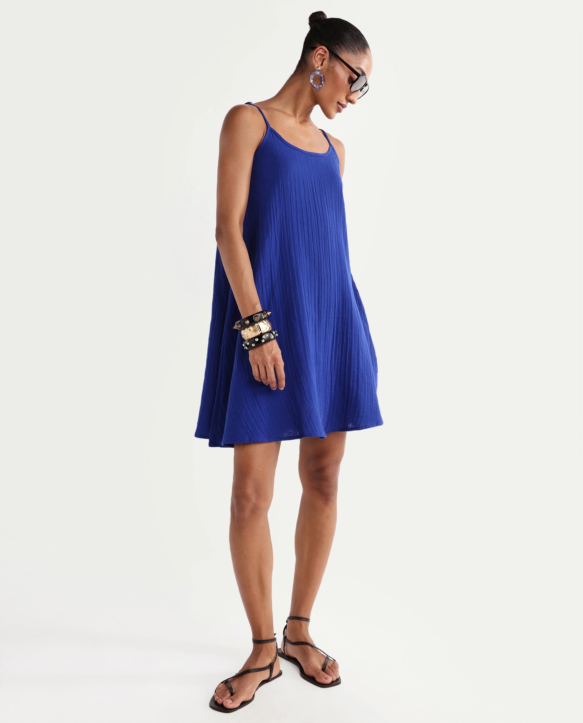 Rareism Women's Klare Navy Cotton U-Neck A-Line Plain Dress