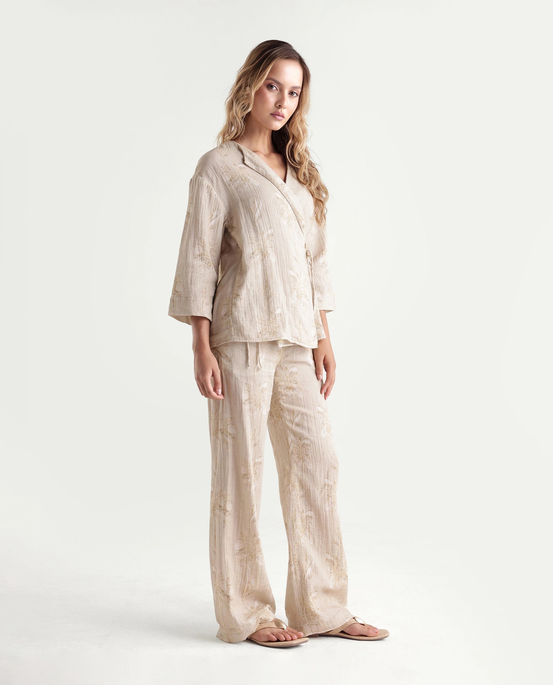Rareism Women's Kloe-B Beige Floral Print Cotton Regular Regular Length Trouser