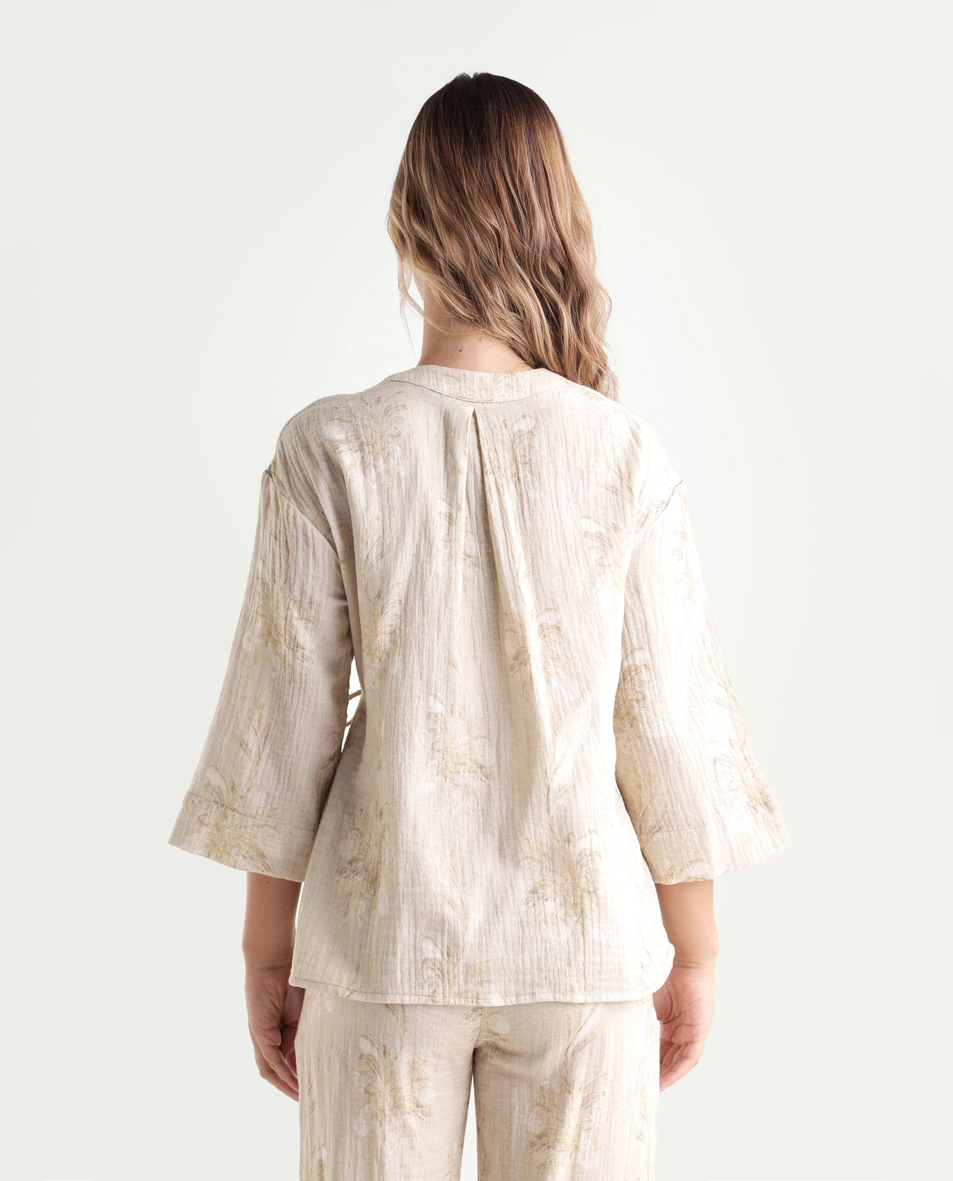 Rareism Women's Kloe-T Beige Cotton Over Lap Regular Floral Print Top