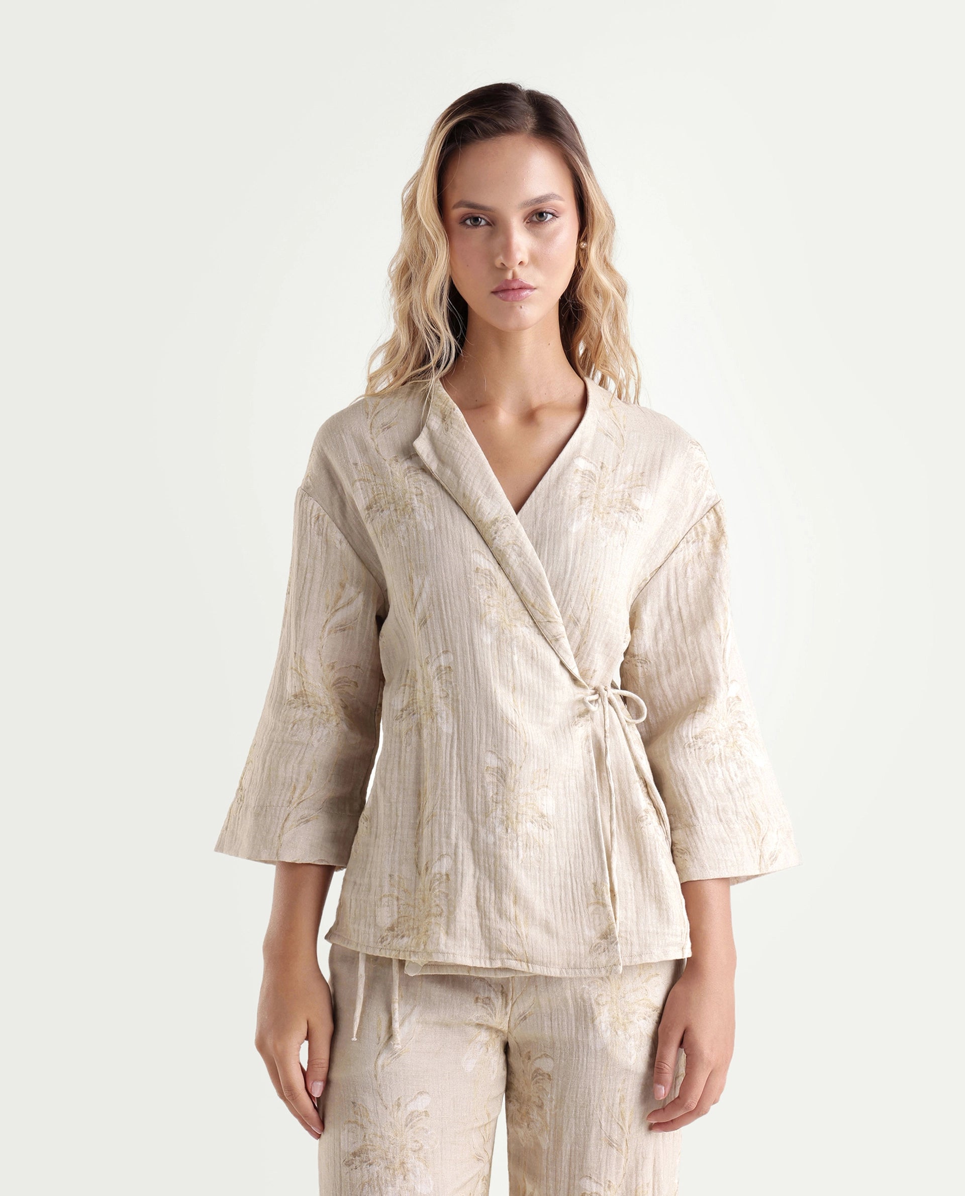 Rareism Women's Kloe-T Beige Cotton Over Lap Regular Floral Print Top