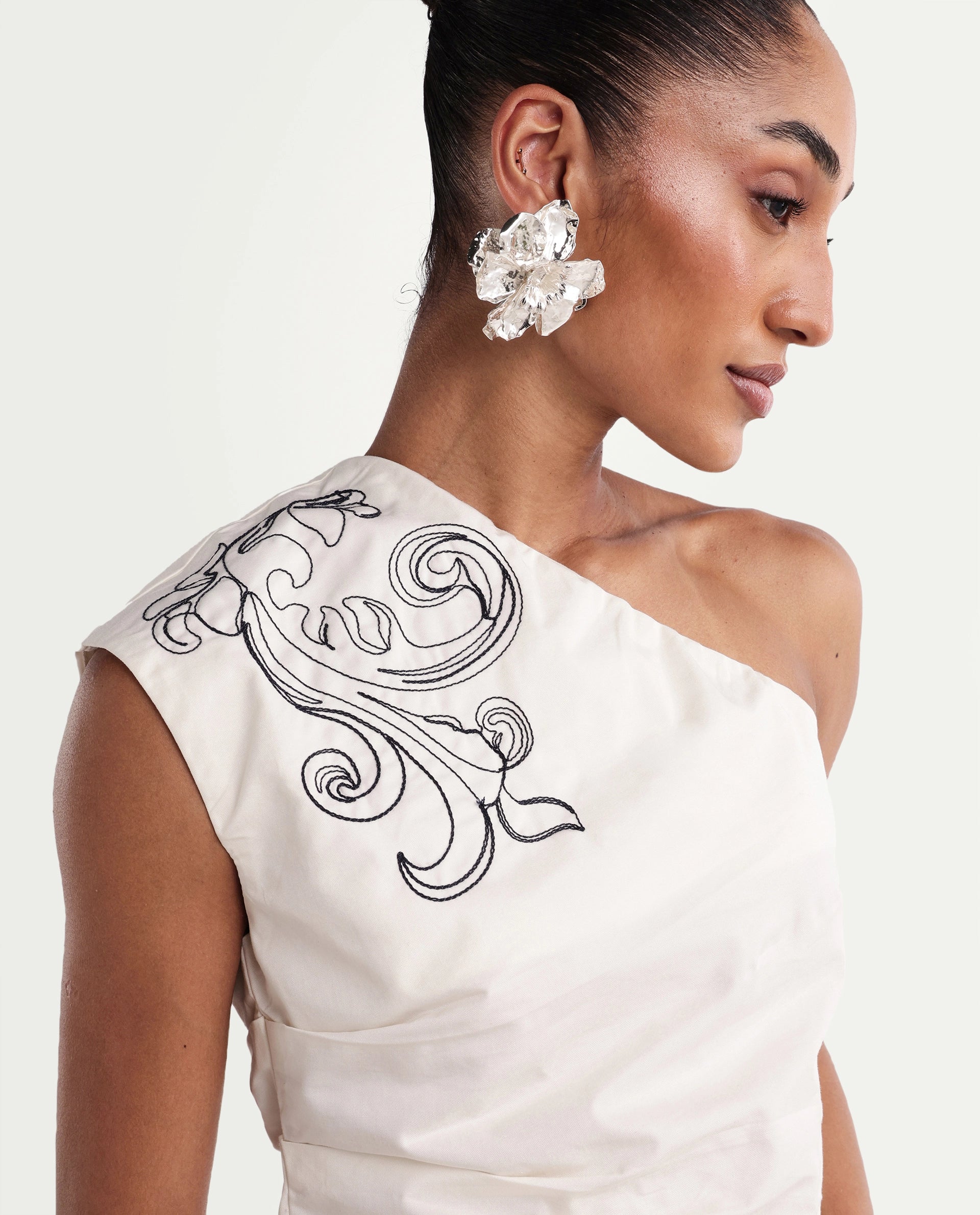 Rareism Women's Kora-T Light Beige Cotton One Shoulder Regular Embroidered Top