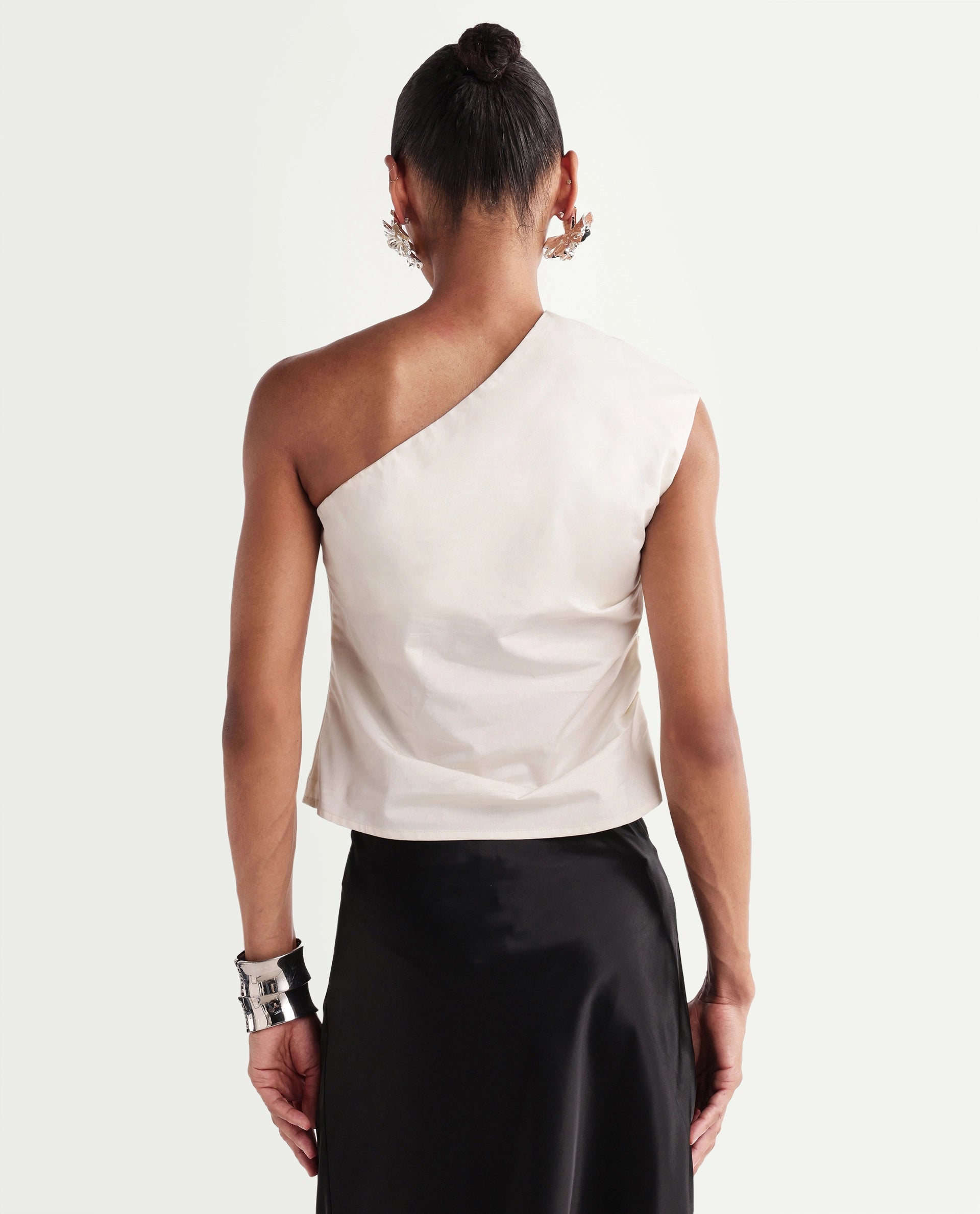 Rareism Women's Kora-T Light Beige Cotton One Shoulder Regular Embroidered Top