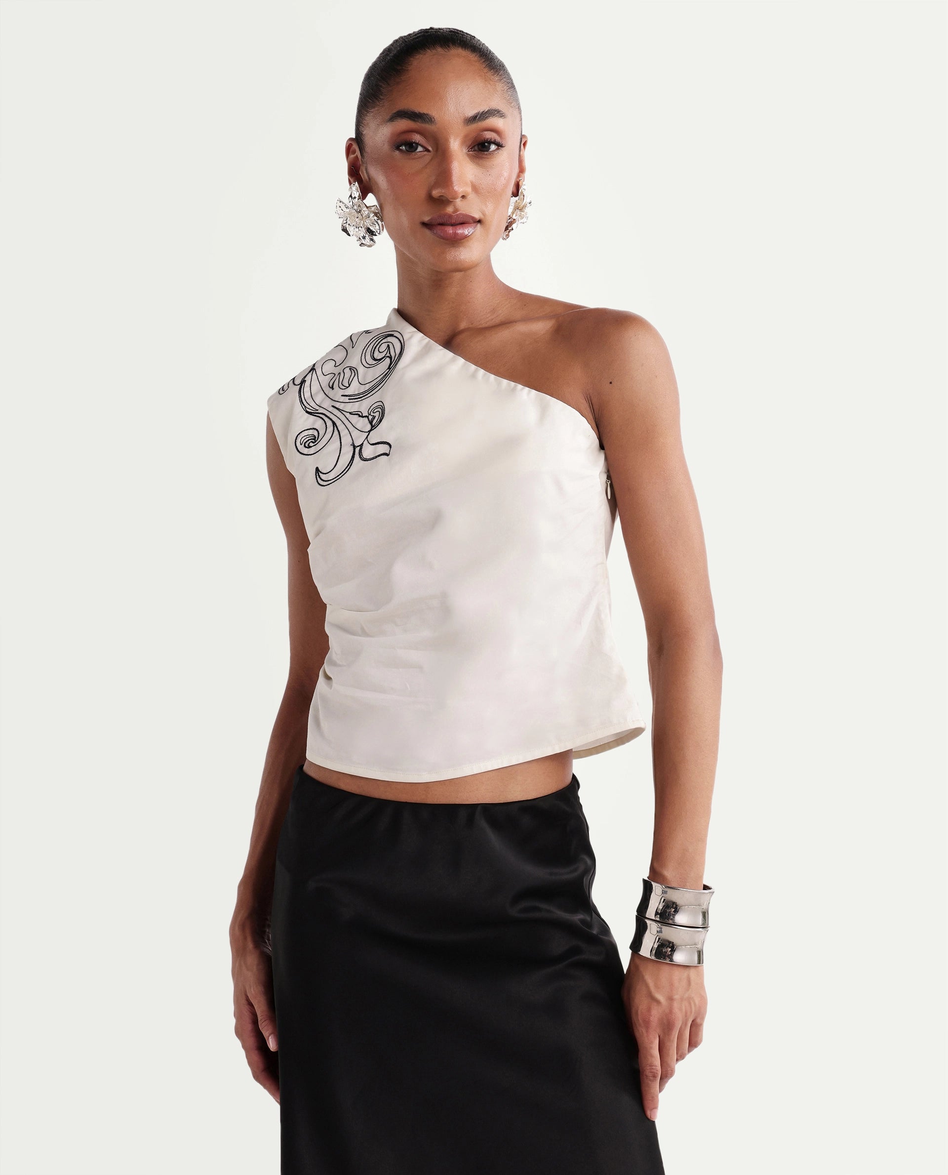 Rareism Women's Kora-T Light Beige Cotton One Shoulder Regular Embroidered Top