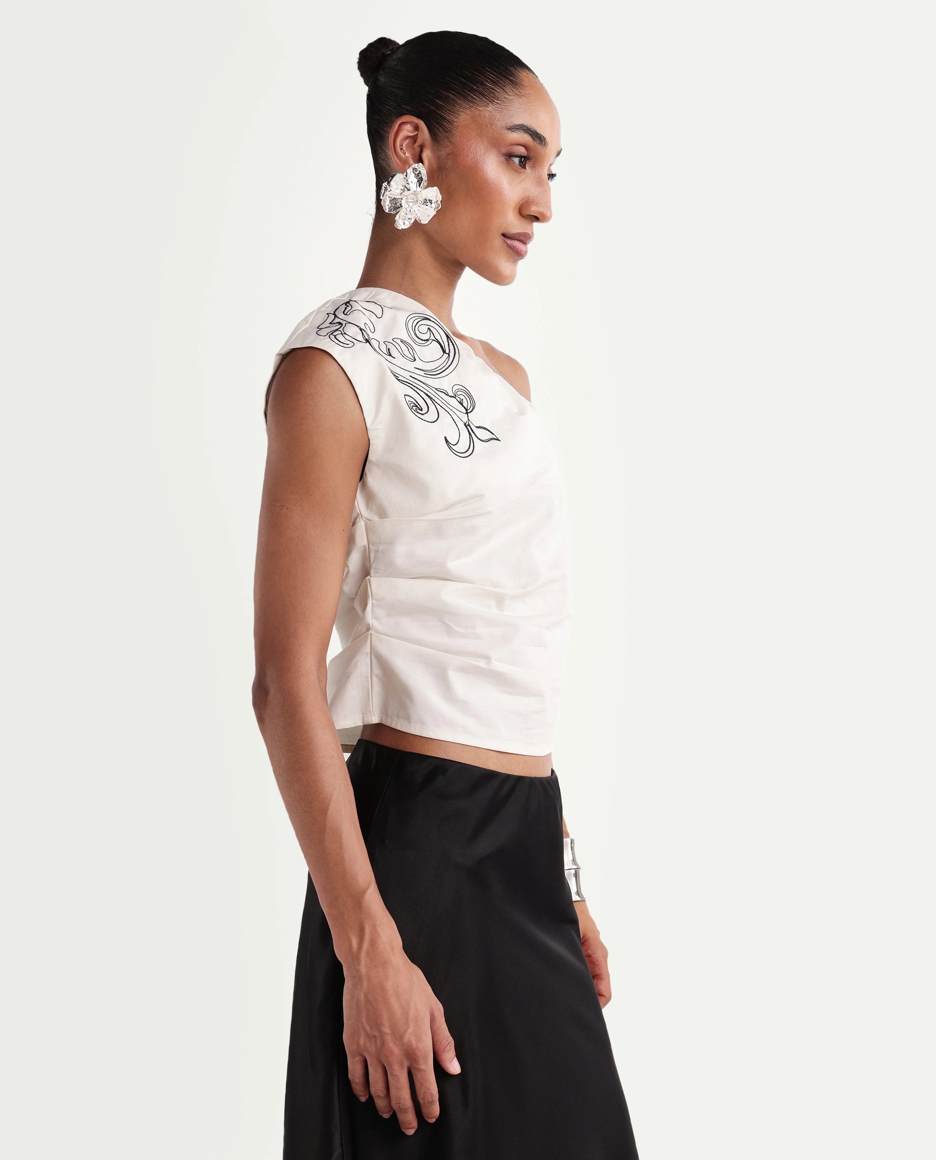 Rareism Women's Kora-T Light Beige Cotton One Shoulder Regular Embroidered Top