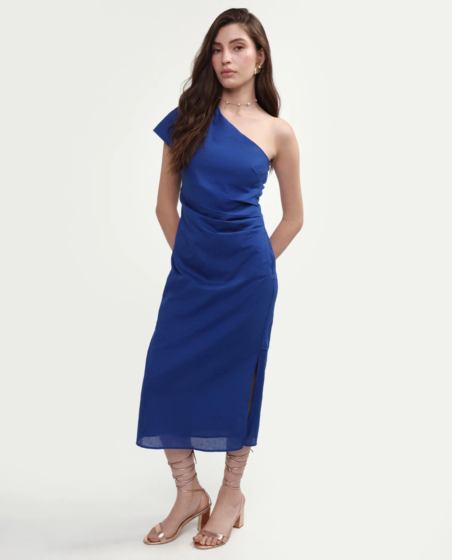 Rareism Women's Korea Dark Blue Linen One Shoulder Fitted Plain Dress