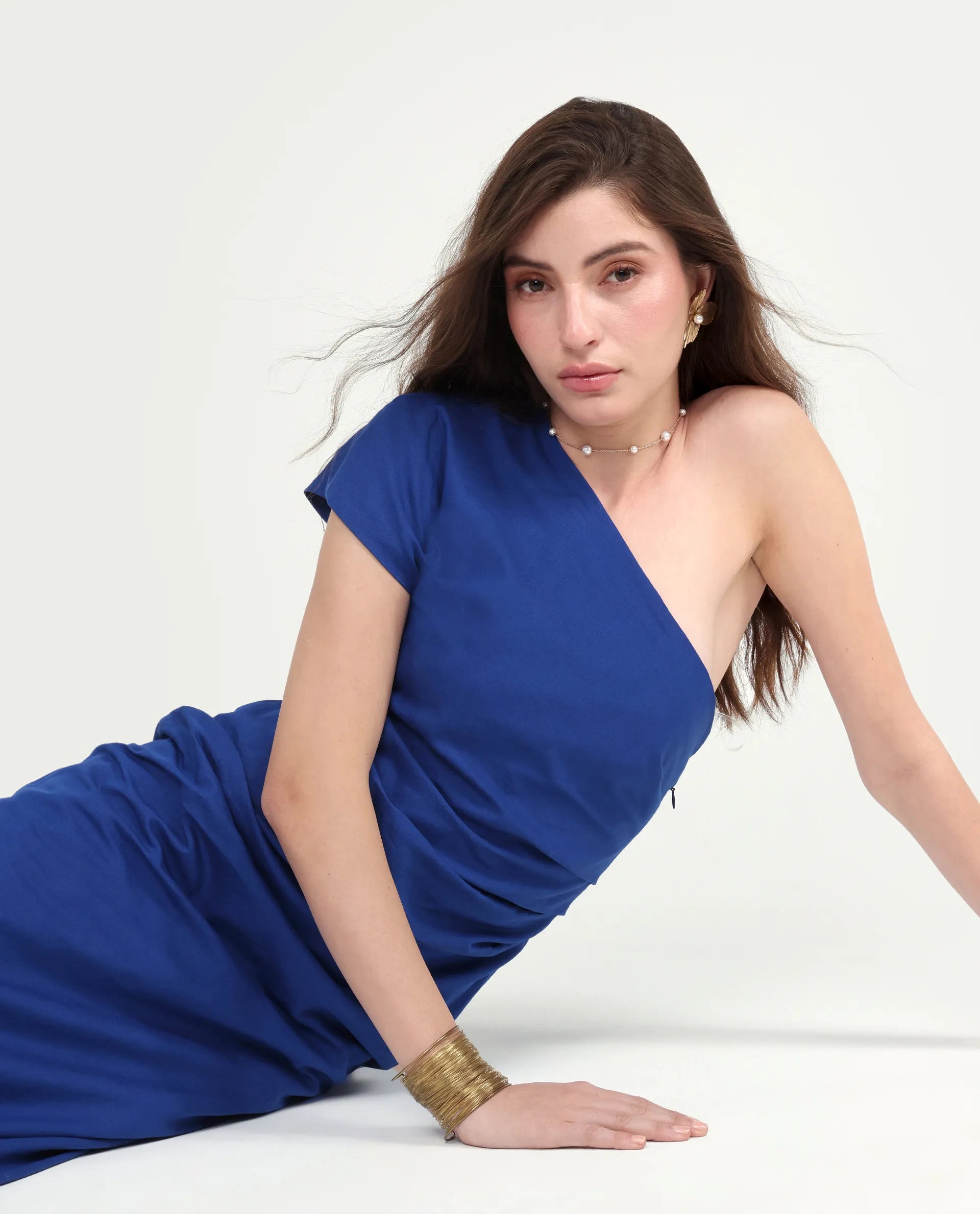 Rareism Women's Korea Dark Blue Linen One Shoulder Fitted Plain Dress