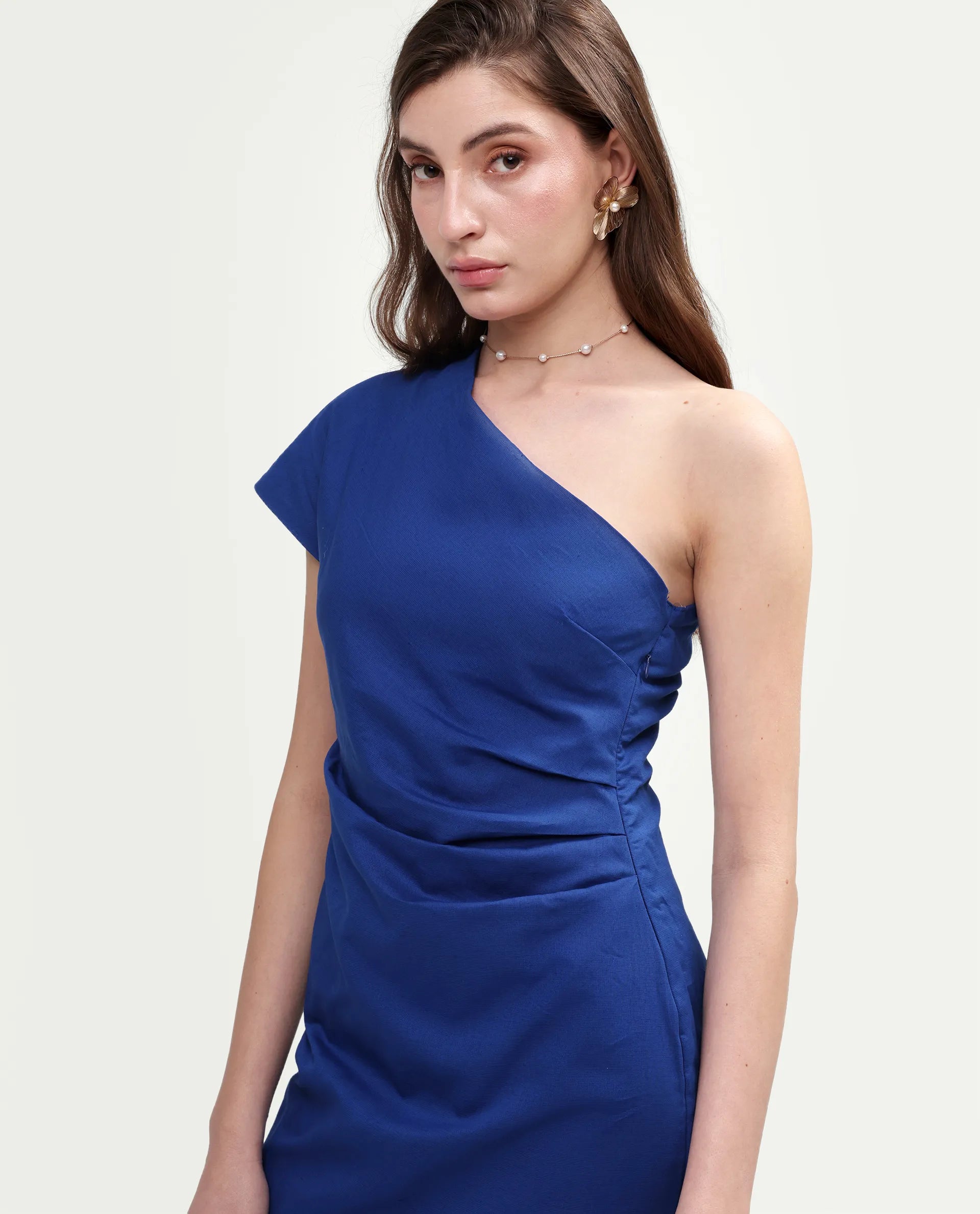 Rareism Women's Korea Dark Blue Linen One Shoulder Fitted Plain Dress