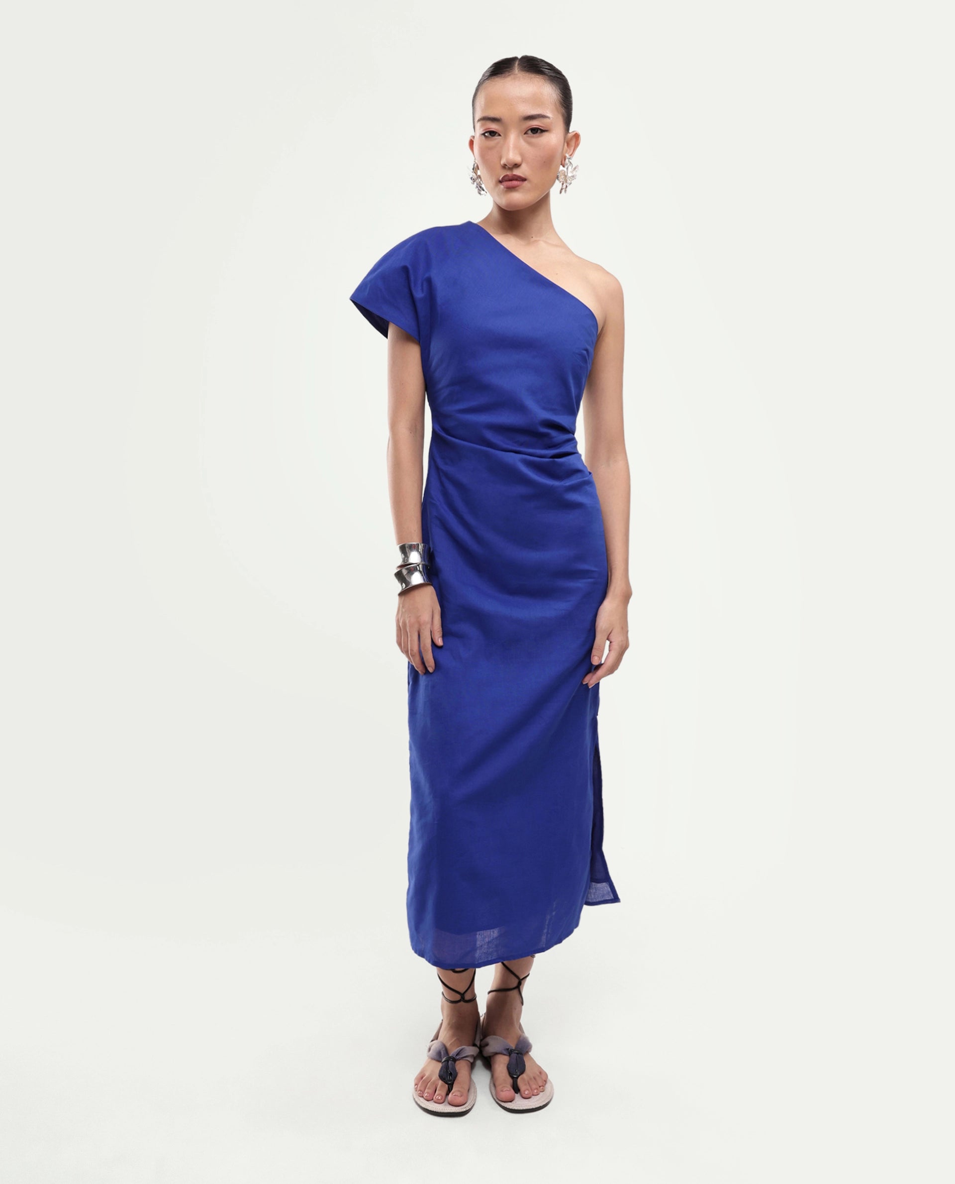 Rareism Women's Korea Dark Blue Linen One Shoulder Fitted Plain Dress