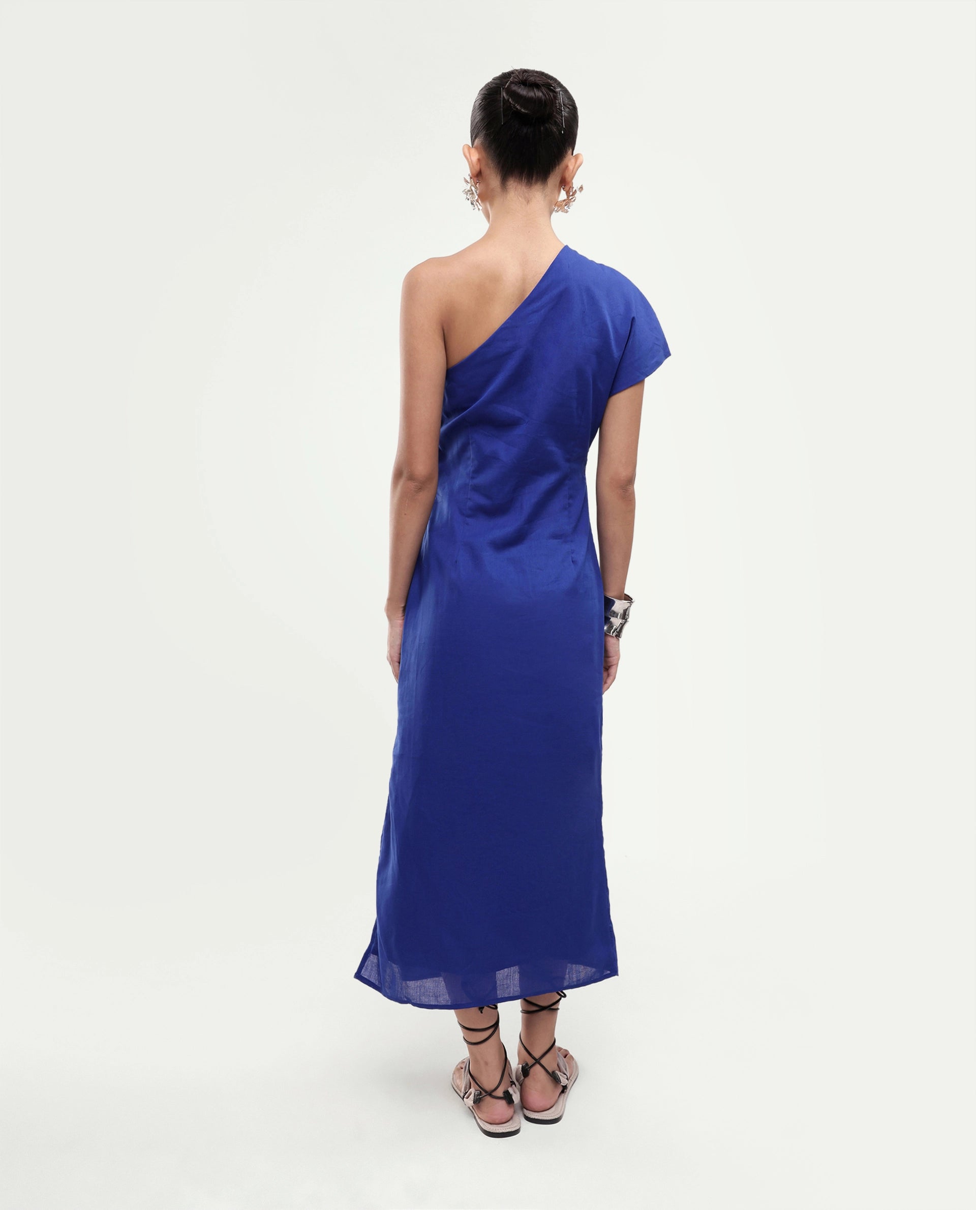 Rareism Women's Korea Dark Blue Linen One Shoulder Fitted Plain Dress