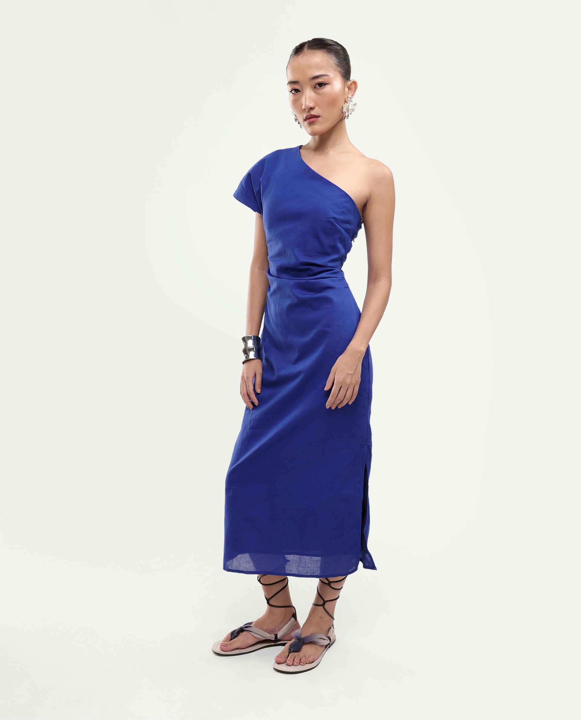 Rareism Women's Korea Dark Blue Linen One Shoulder Fitted Plain Dress